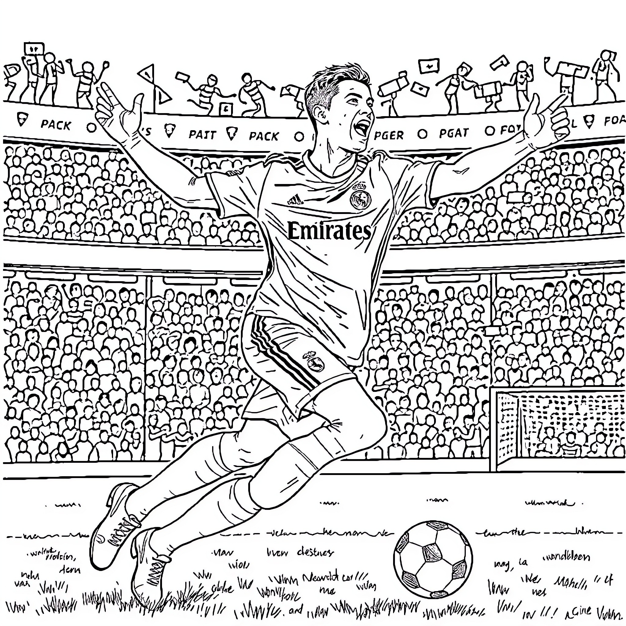 Cristiano Ronaldo celebrates after scoring a goal in a football match Coloring Page (free black-and-white line drawing printable PDF for all, from beginners to advanced learners, including children, teens, adults, and seniors)