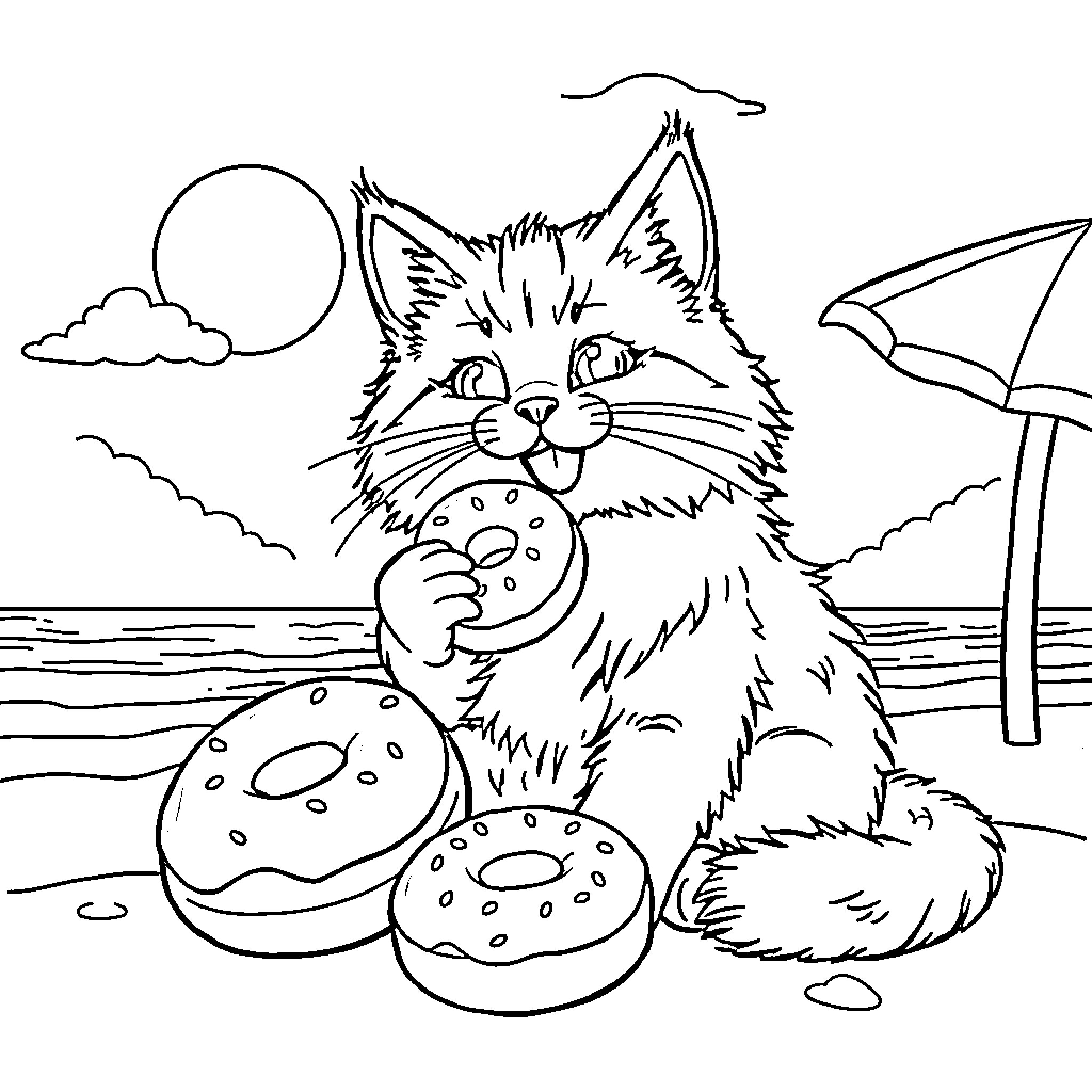Cat enjoying snacks on the beach Coloring Page (free black-and-white line drawing printable PDF for all, from beginners to advanced learners, including children, teens, adults, and seniors)
