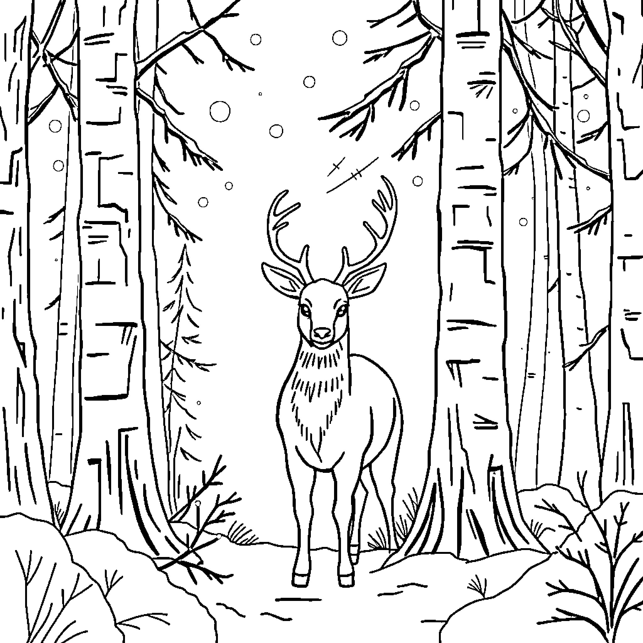 Deer in a Snowy Forest Landscape Coloring Page (free black-and-white line drawing printable PDF for all, from beginners to advanced learners, including children, teens, adults, and seniors)