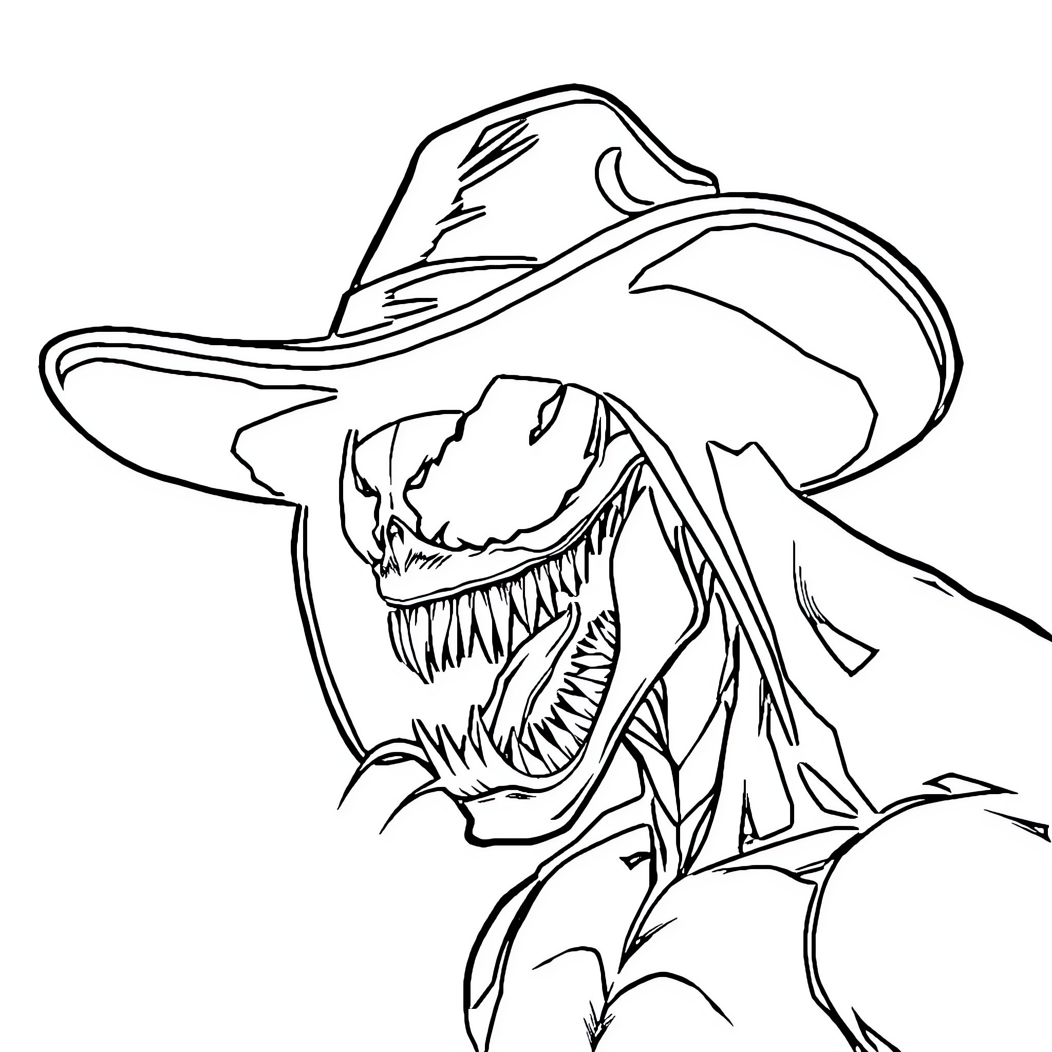 Venom Displaying Fearsome Fangs and Intimidating Presence Coloring Page (free black-and-white line drawing printable PDF for all, from beginners to advanced learners, including children, teens, adults, and seniors)