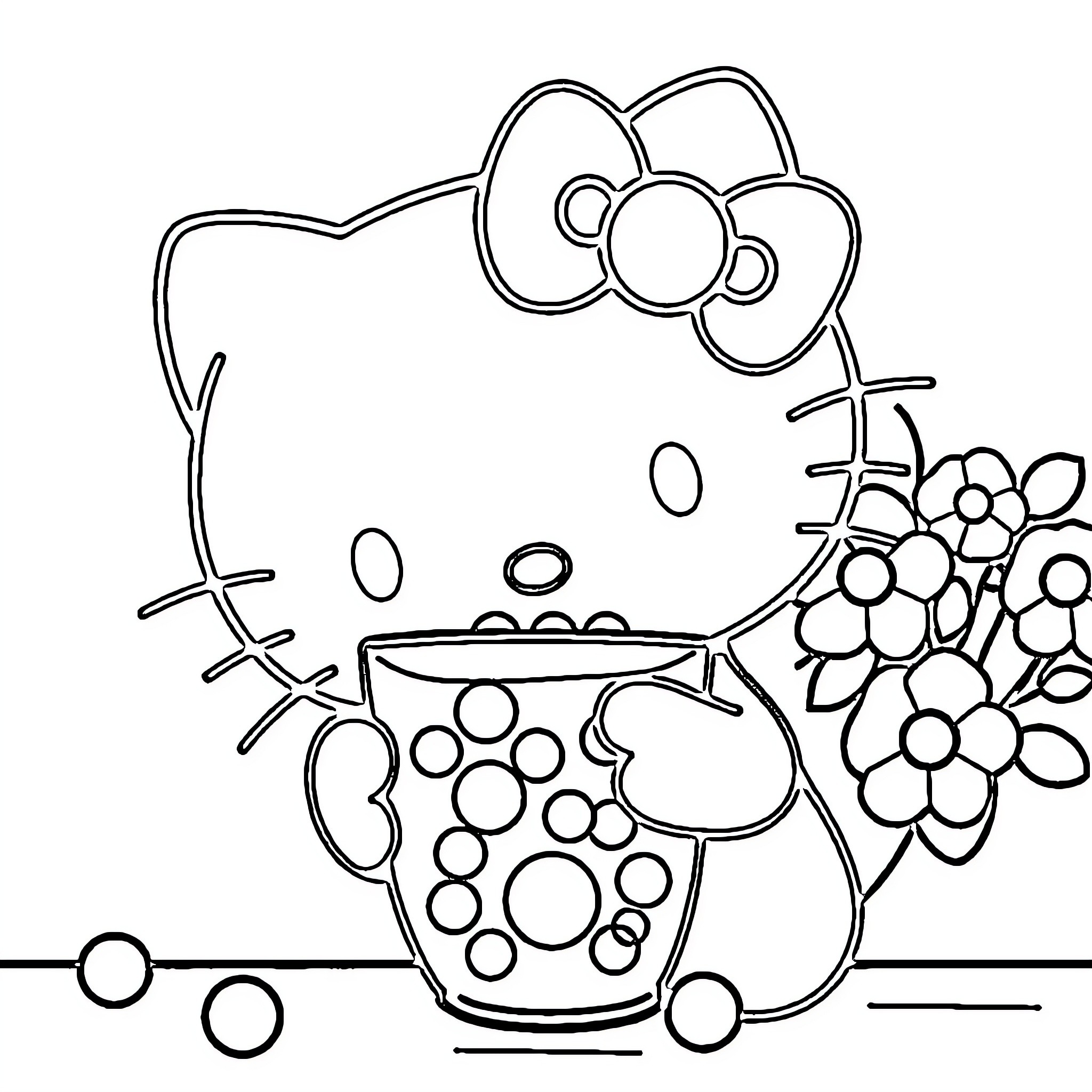 Hello Kitty having a tea party with flowers Coloring Page (free black-and-white line drawing printable PDF for all, from beginners to advanced learners, including children, teens, adults, and seniors)