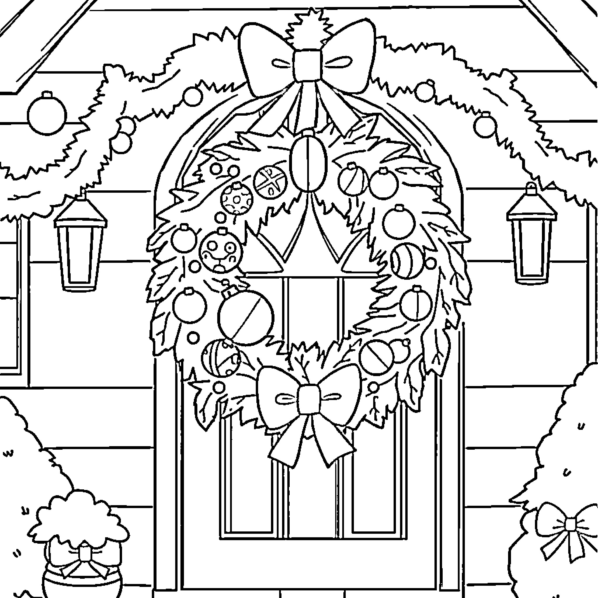 Christmas Wreath Adorning a Window in Winter Wonderland Coloring Page (free black-and-white line drawing printable PDF for all, from beginners to advanced learners, including children, teens, adults, and seniors)