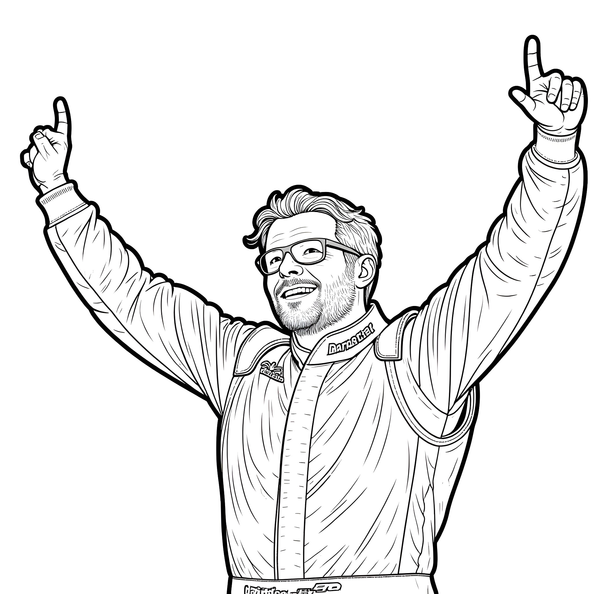 Dale Earnhardt celebrating victory with raised arms Coloring Page (free black-and-white line drawing printable PDF for all, from beginners to advanced learners, including children, teens, adults, and seniors)