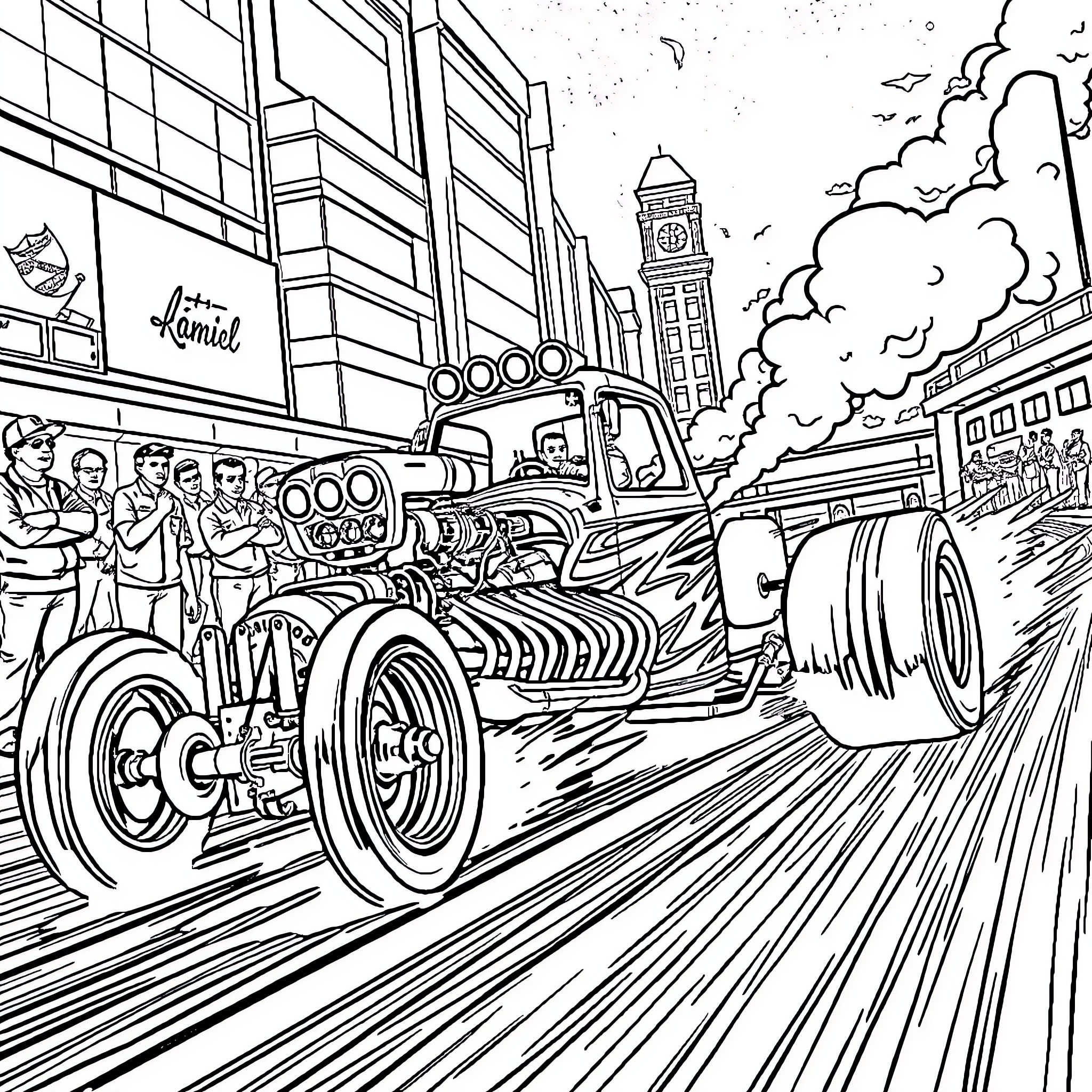 Dragster racing through bustling city streets Coloring Page (free black-and-white line drawing printable PDF for all, from beginners to advanced learners, including children, teens, adults, and seniors)