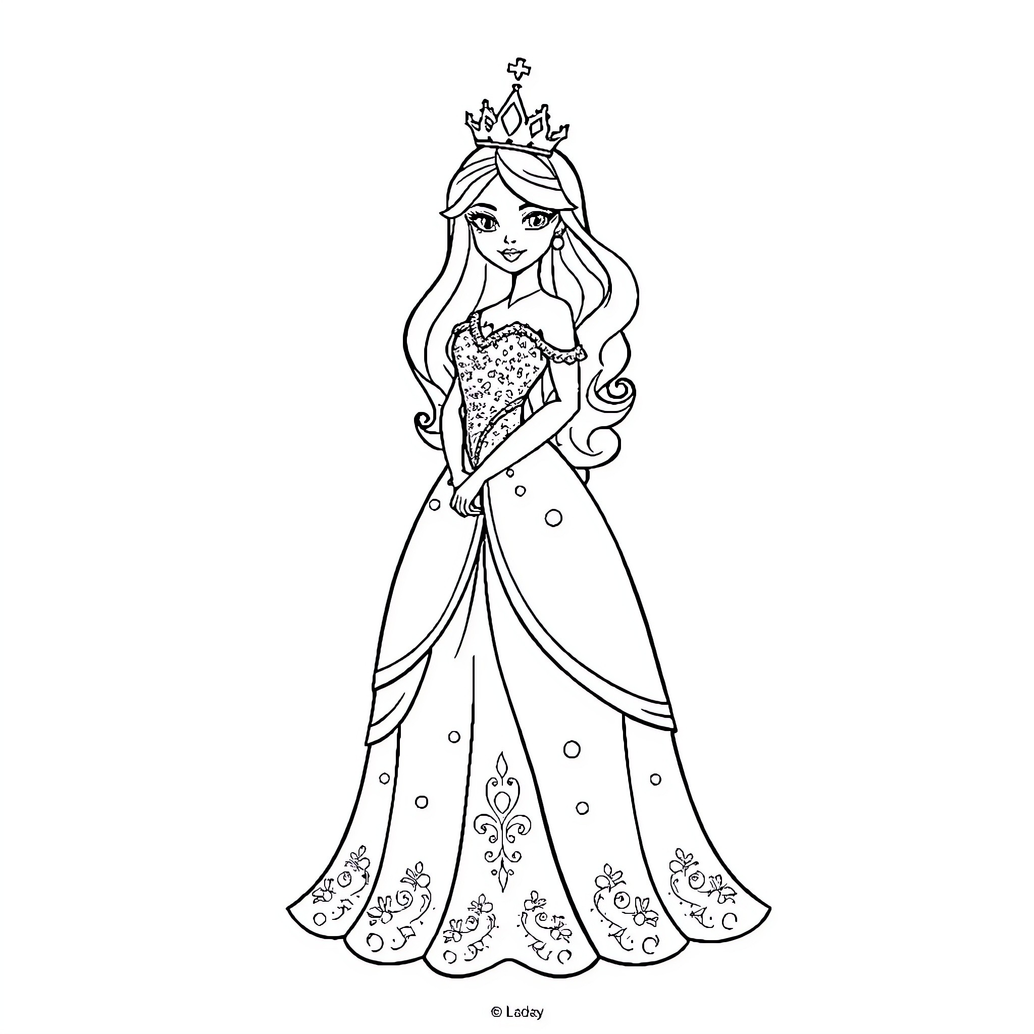 Princess in Elegant Gown and Crown Coloring Page (free black-and-white line drawing printable PDF for all, from beginners to advanced learners, including children, teens, adults, and seniors)