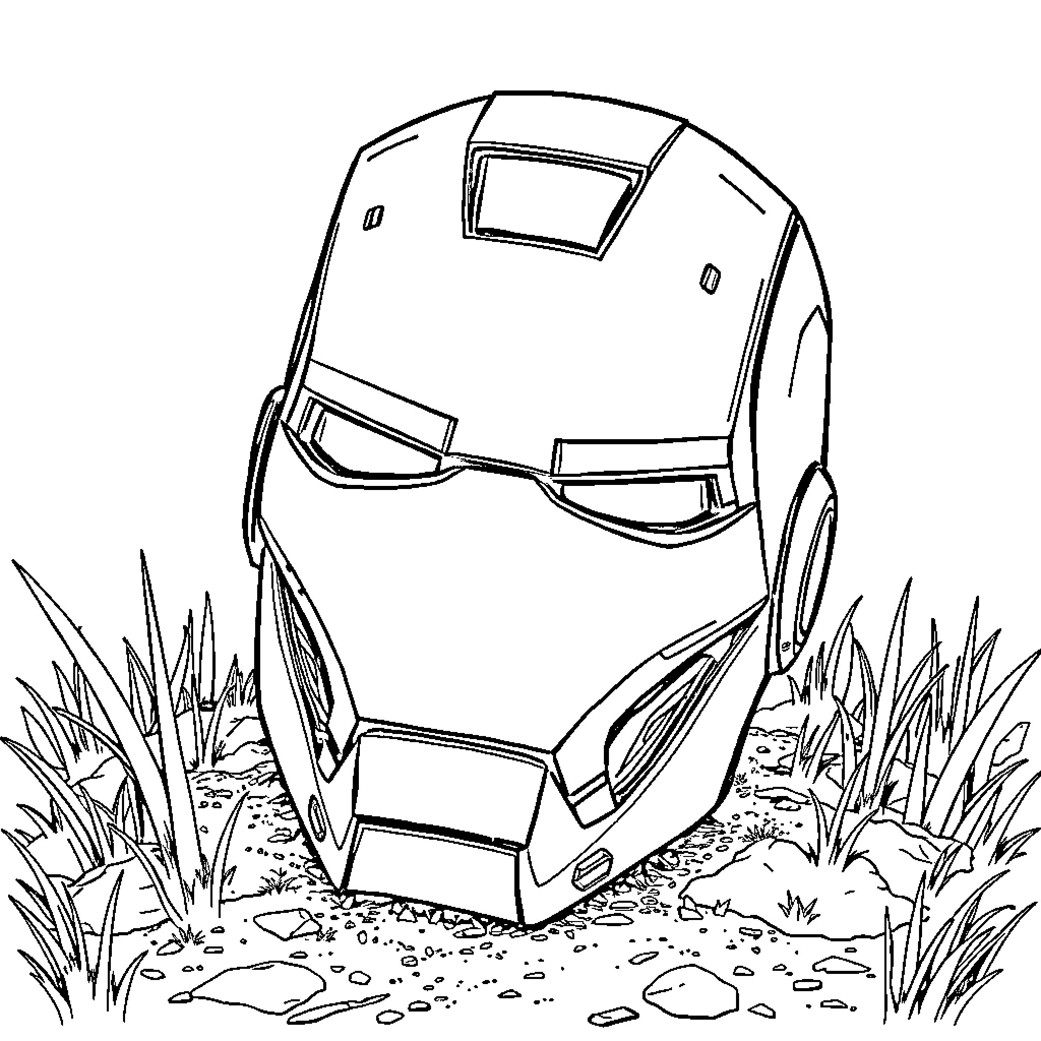 Iron Man helmet in a natural environment Coloring Page (free black-and-white line drawing printable PDF for all, from beginners to advanced learners, including children, teens, adults, and seniors)