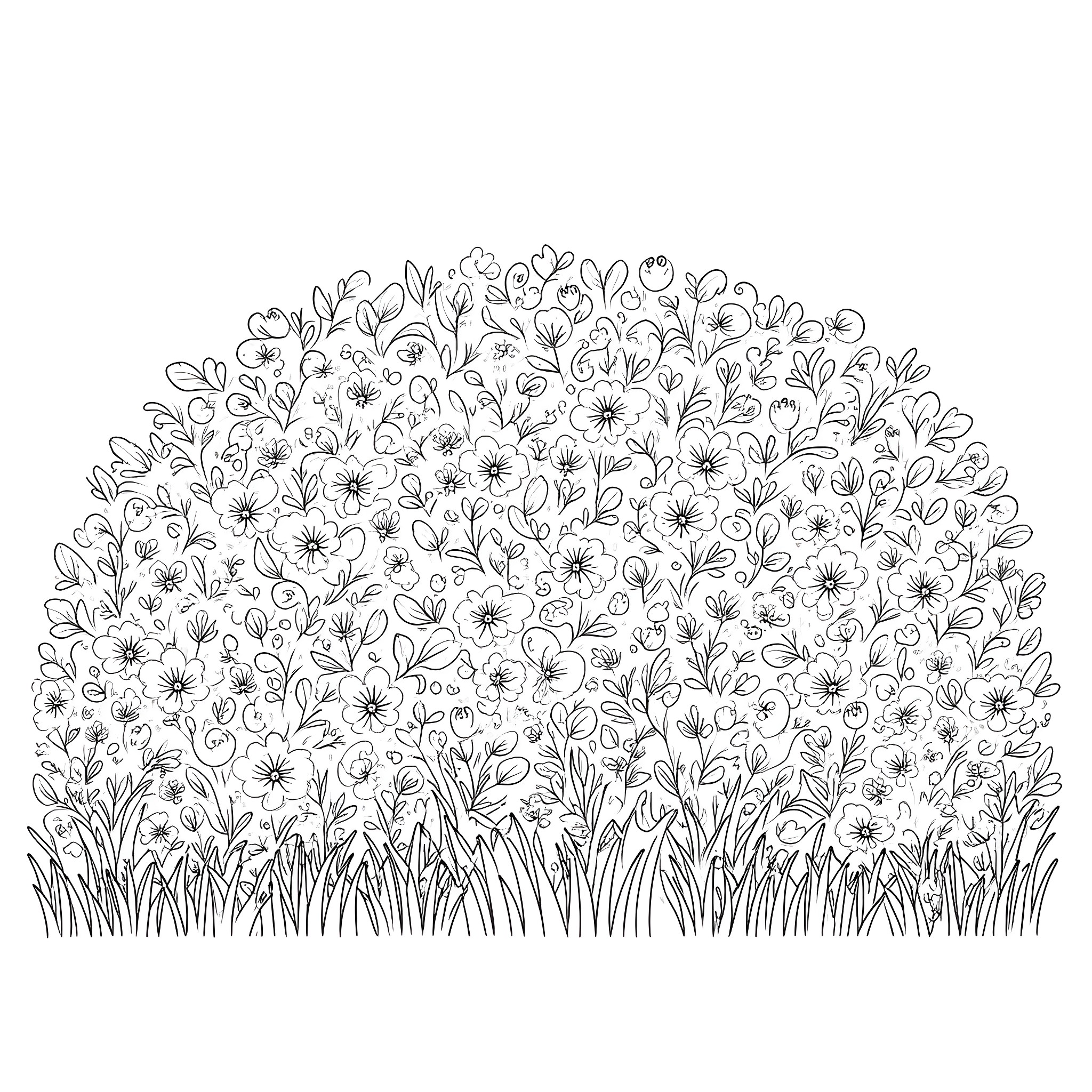 Hedge of Blooming Flowers and Greenery Coloring Page (free black-and-white line drawing printable PDF for all, from beginners to advanced learners, including children, teens, adults, and seniors)