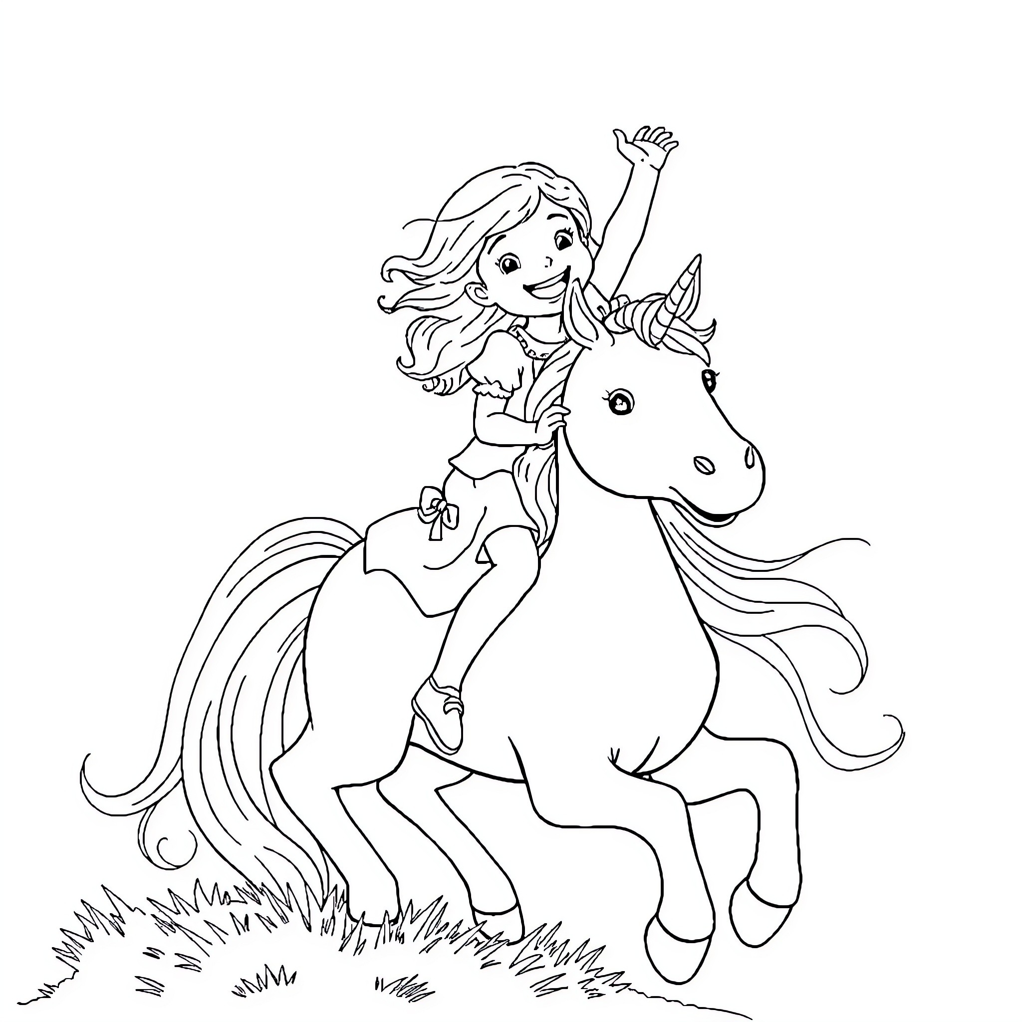 Girl riding a unicorn in the meadow Coloring Page (free black-and-white line drawing printable PDF for all, from beginners to advanced learners, including children, teens, adults, and seniors)