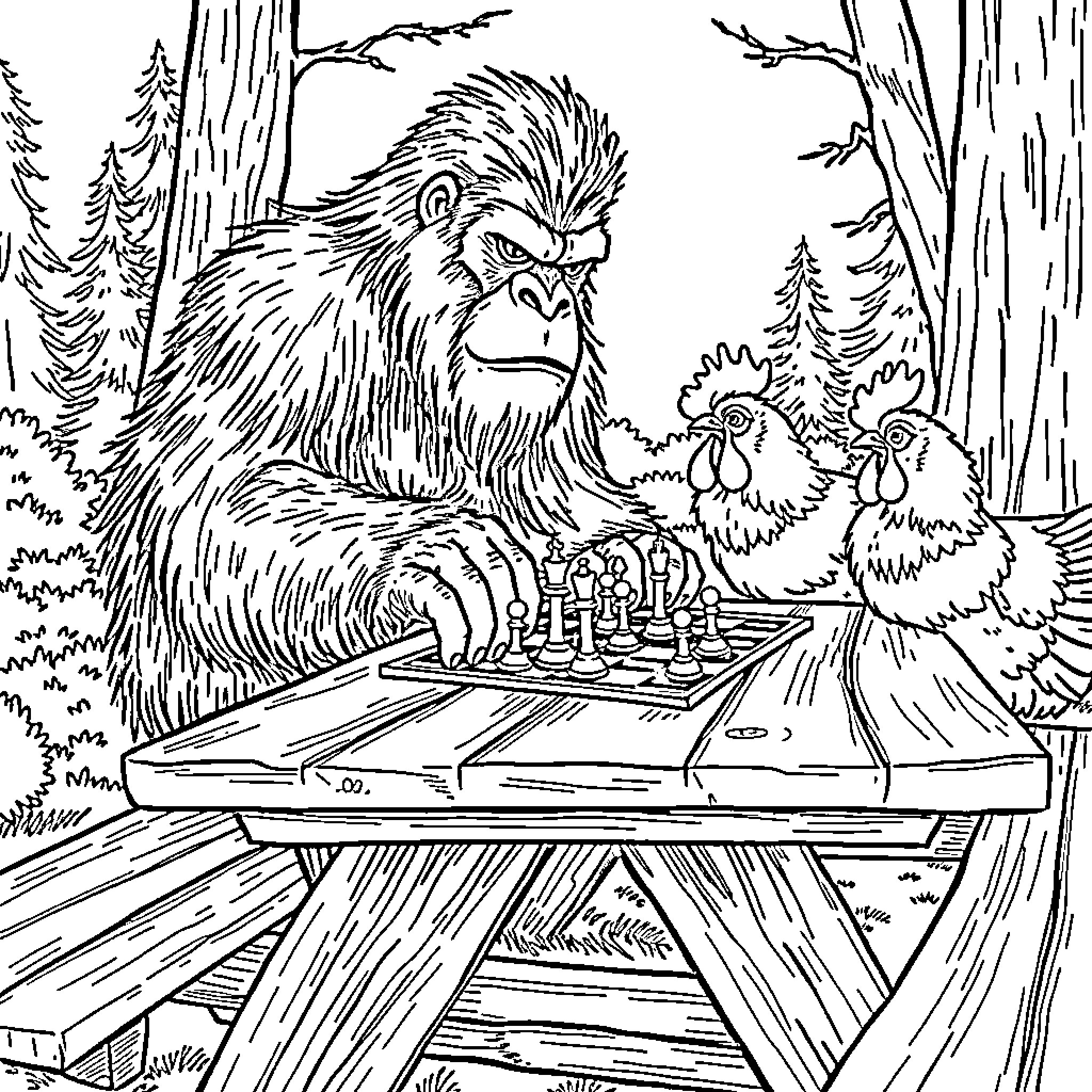 Bigfoot playing chess with forest creatures Coloring Page (free black-and-white line drawing printable PDF for all, from beginners to advanced learners, including children, teens, adults, and seniors)