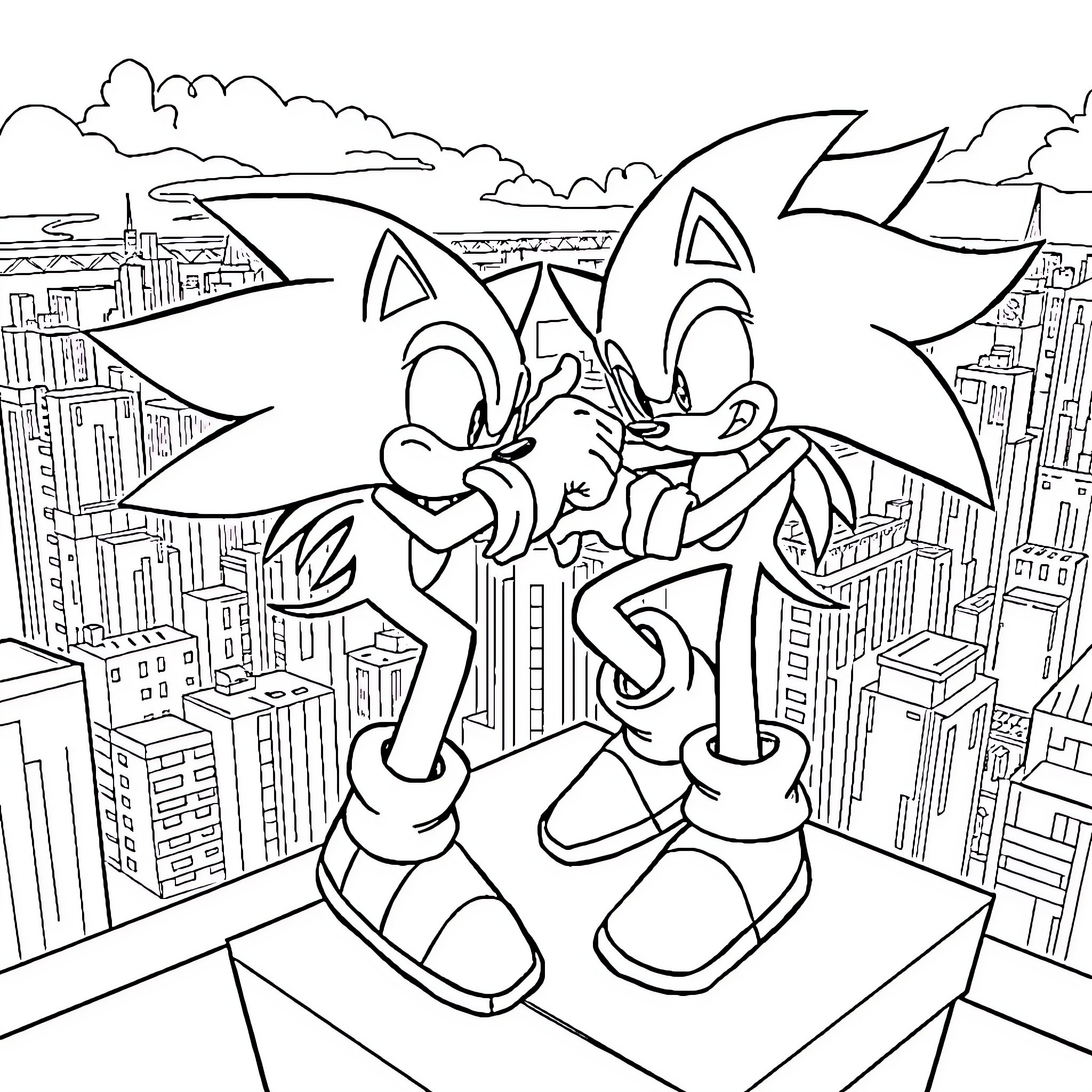 Sonic and friends on an urban adventure Coloring Page (free black-and-white line drawing printable PDF for all, from beginners to advanced learners, including children, teens, adults, and seniors)