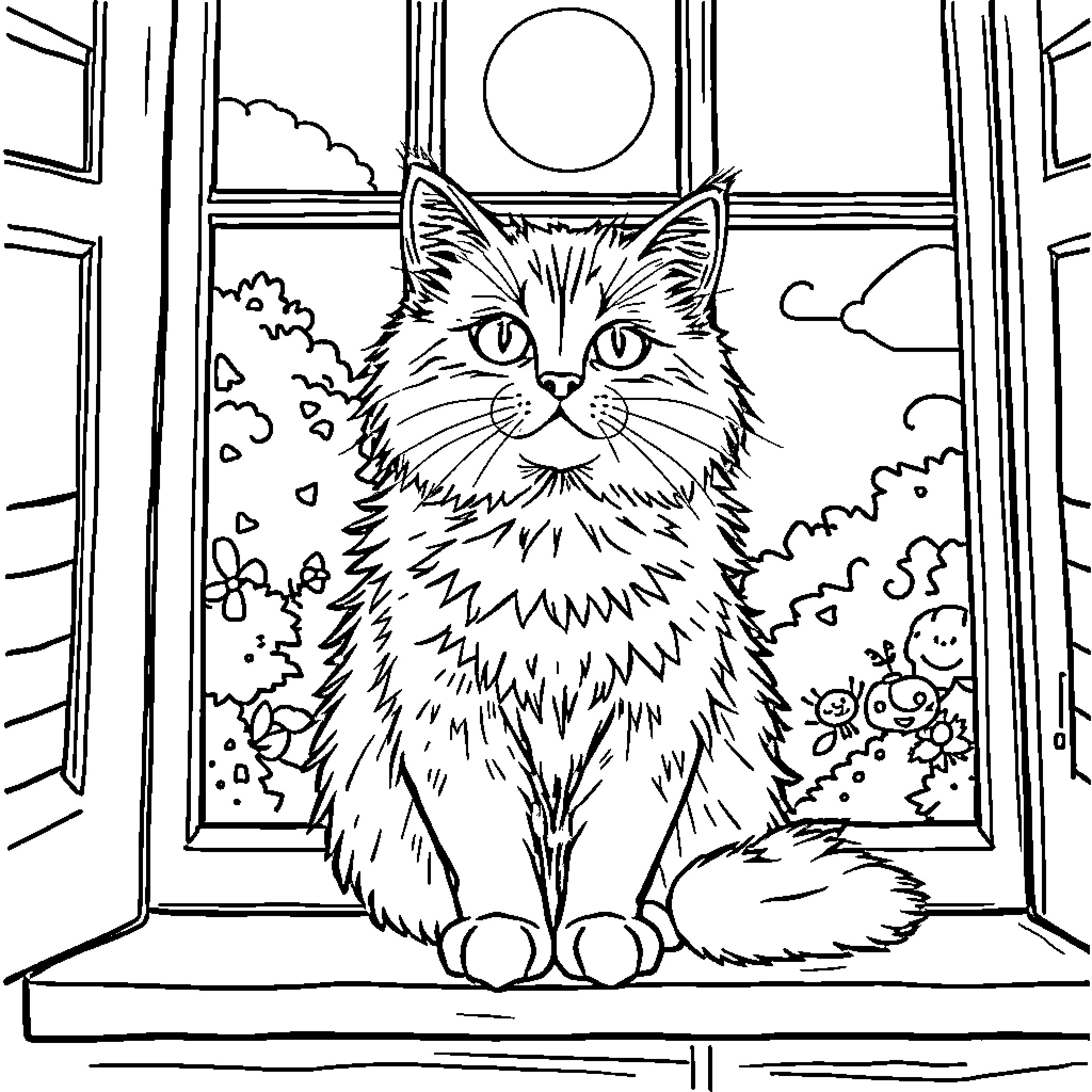Cat gazing out the window Coloring Page (free black-and-white line drawing printable PDF for all, from beginners to advanced learners, including children, teens, adults, and seniors)