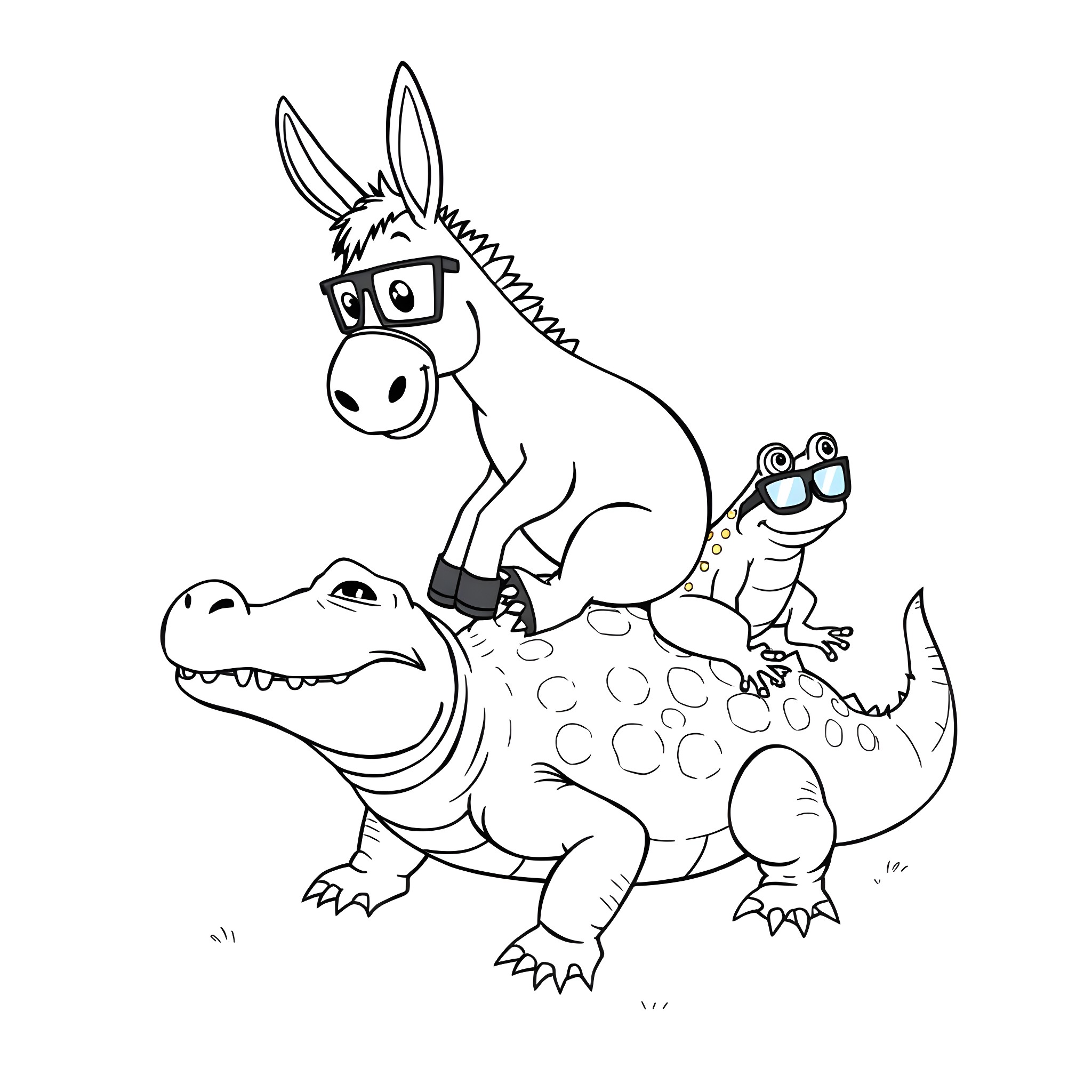 Donkey riding on top of an alligator Coloring Page (free black-and-white line drawing printable PDF for all, from beginners to advanced learners, including children, teens, adults, and seniors)