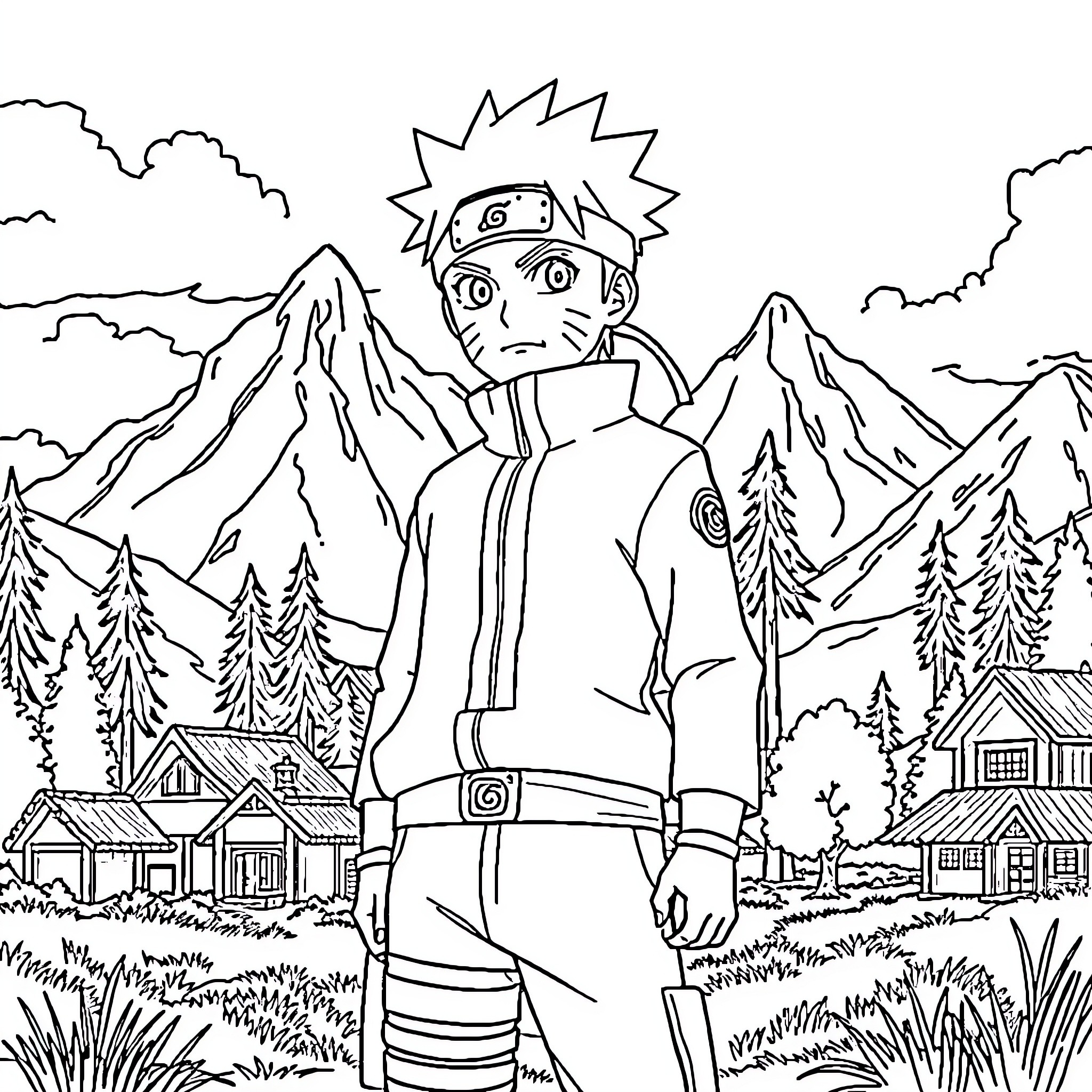 Naruto's Adventurous Journey Through the Mountainous Landscape Coloring Page (free black-and-white line drawing printable PDF for all, from beginners to advanced learners, including children, teens, adults, and seniors)
