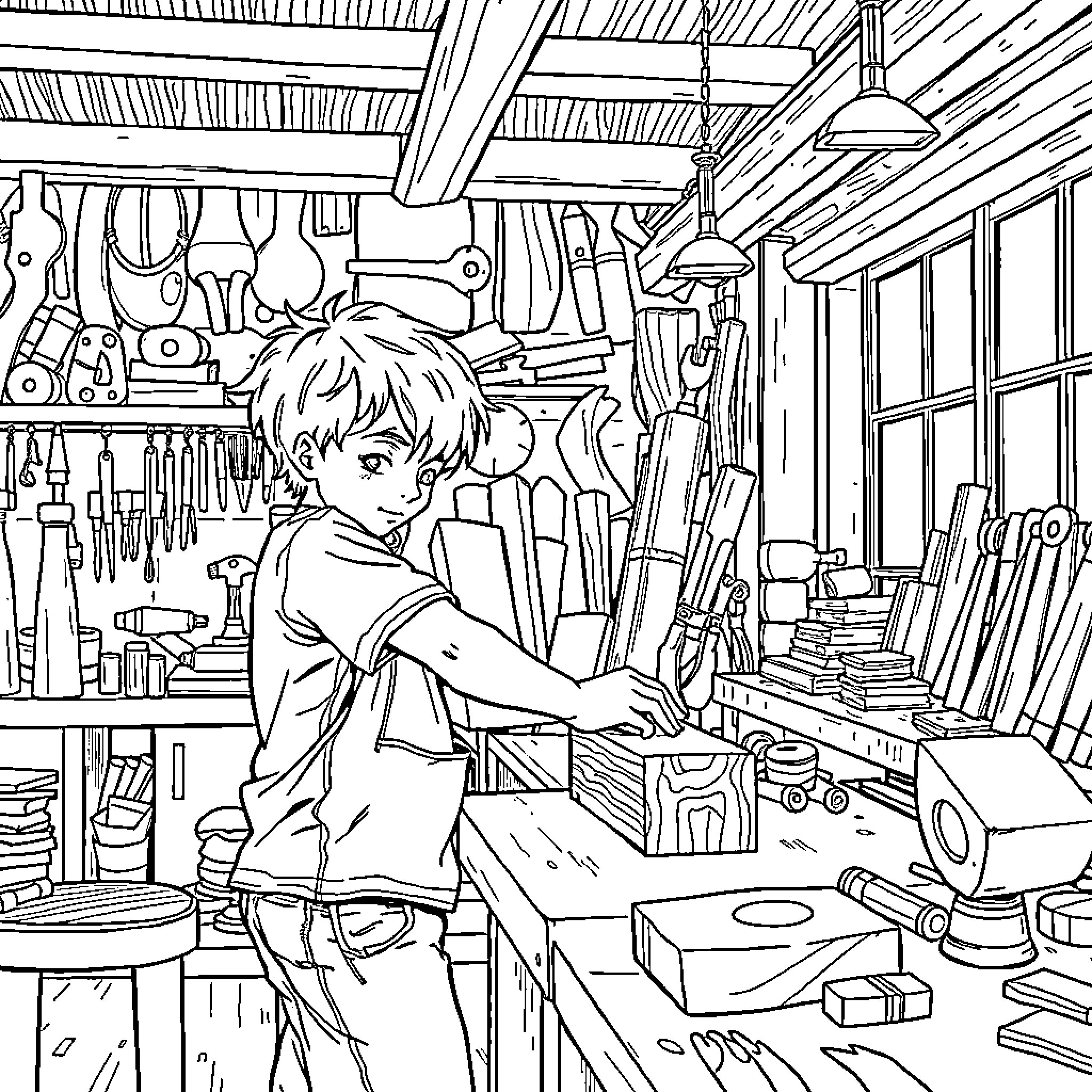 Boy exploring tools and equipment in workshop Coloring Page (free black-and-white line drawing printable PDF for all, from beginners to advanced learners, including children, teens, adults, and seniors)