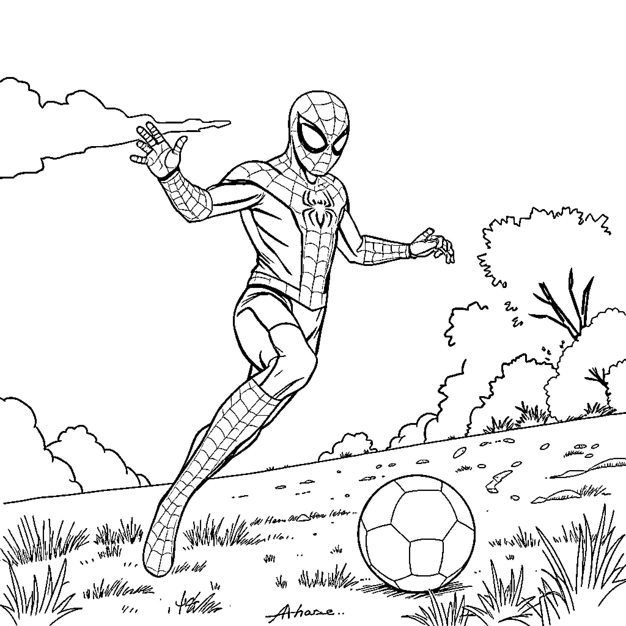 Spiderman playing with a soccer ball in a field Coloring Page (free black-and-white line drawing printable PDF for all, from beginners to advanced learners, including children, teens, adults, and seniors)