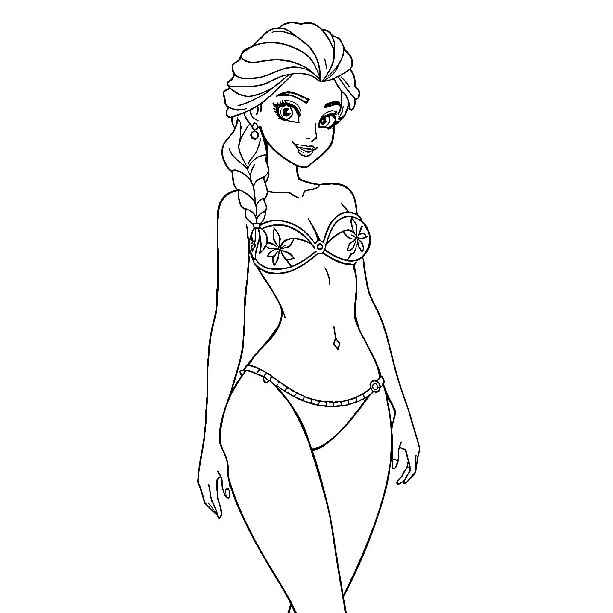 Elsa in a swimsuit with a braided hairstyle Coloring Page (free black-and-white line drawing printable PDF for all, from beginners to advanced learners, including children, teens, adults, and seniors)