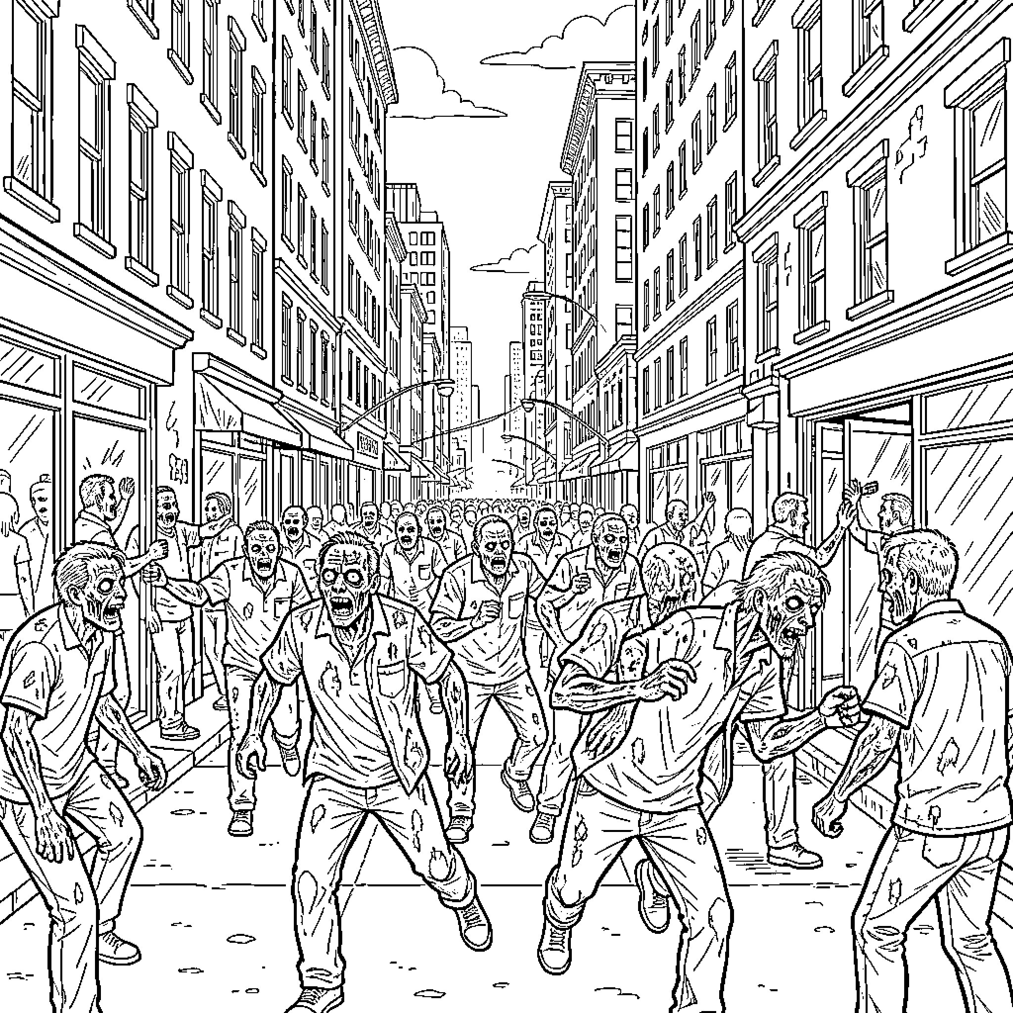 Zombie horde running through a crowded city street Coloring Page (free black-and-white line drawing printable PDF for all, from beginners to advanced learners, including children, teens, adults, and seniors)