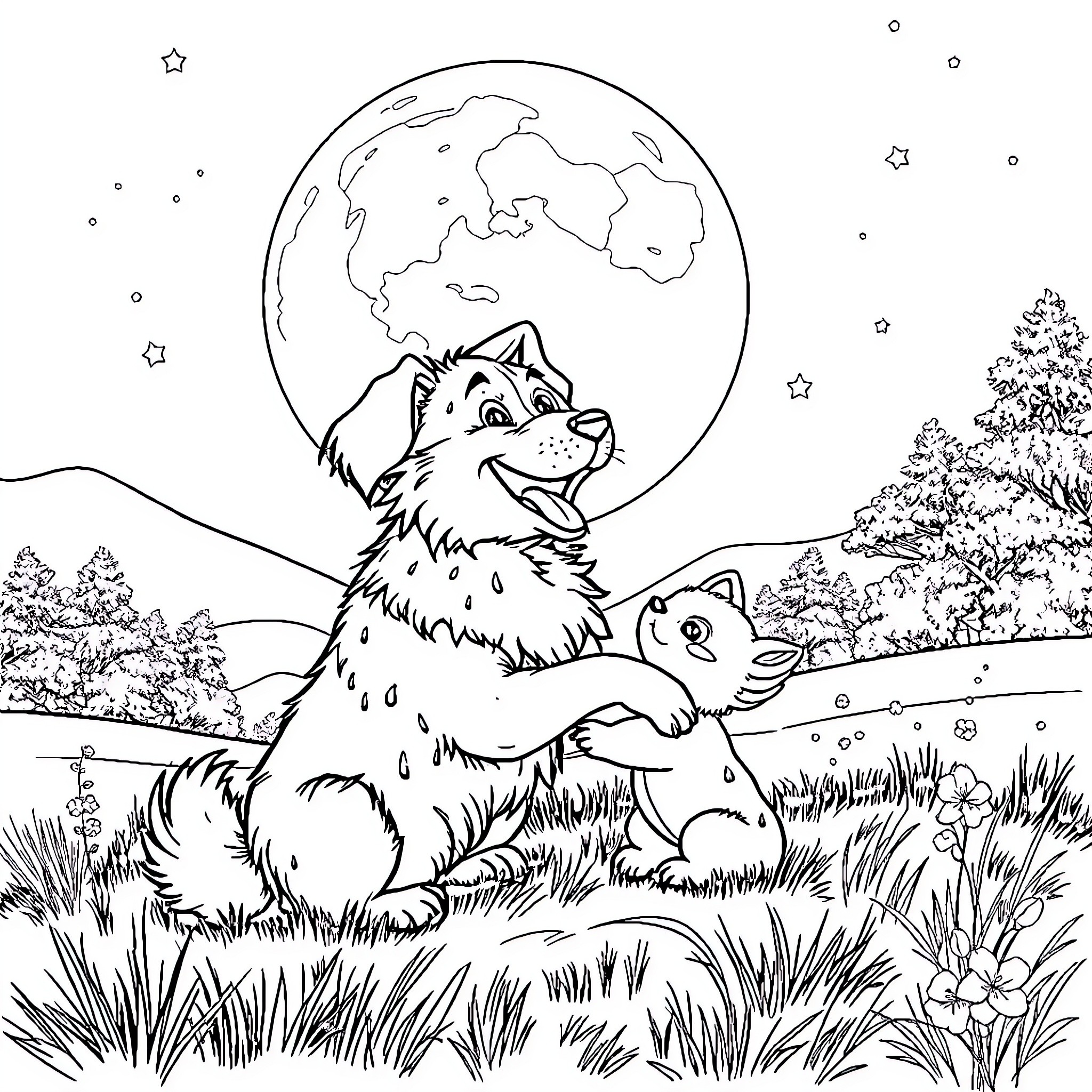Dog and puppy playing under the moon Coloring Page (free black-and-white line drawing printable PDF for all, from beginners to advanced learners, including children, teens, adults, and seniors)