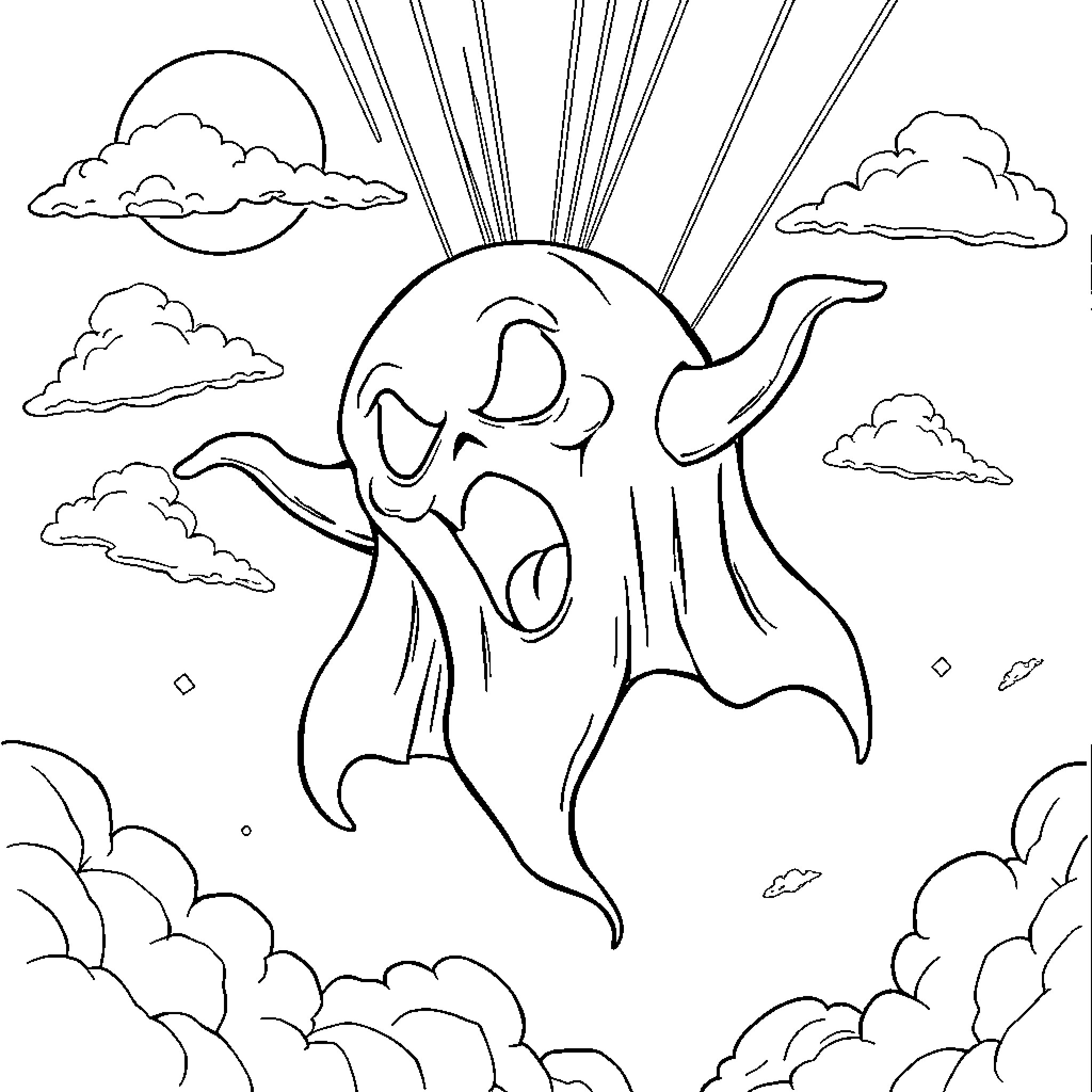 Ghost Floating Playfully in the Sky Coloring Page (free black-and-white line drawing printable PDF for all, from beginners to advanced learners, including children, teens, adults, and seniors)