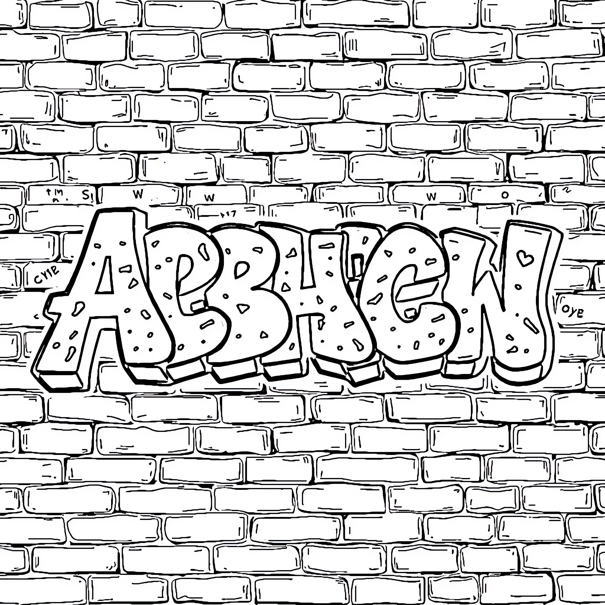 Alphabet Graffiti Artwork on Brick Wall Coloring Page (free black-and-white line drawing printable PDF for all, from beginners to advanced learners, including children, teens, adults, and seniors)