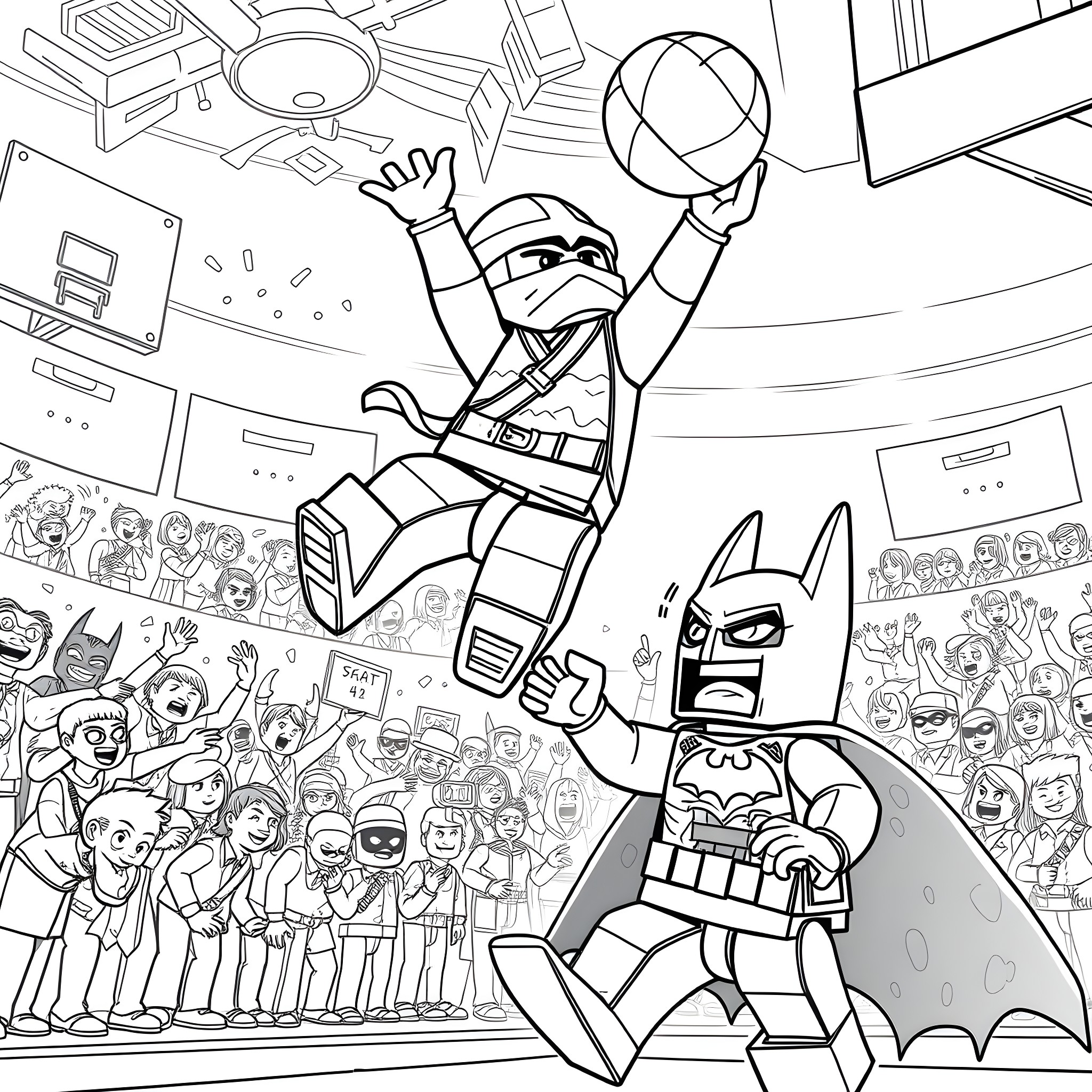 Ninjago heroes in action-packed competition Coloring Page (free black-and-white line drawing printable PDF for all, from beginners to advanced learners, including children, teens, adults, and seniors)