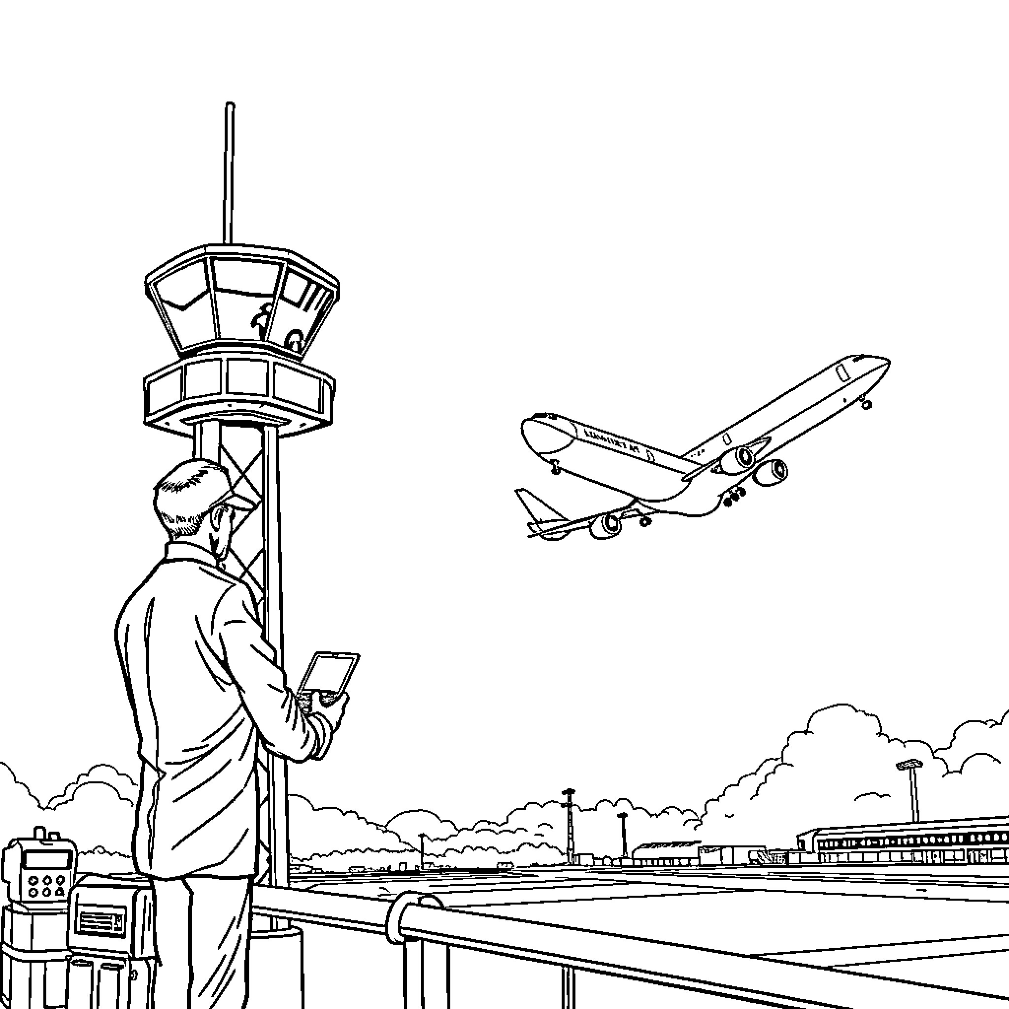 Air Traffic Controller Monitoring Flights at the Airport Coloring Page (free black-and-white line drawing printable PDF for all, from beginners to advanced learners, including children, teens, adults, and seniors)