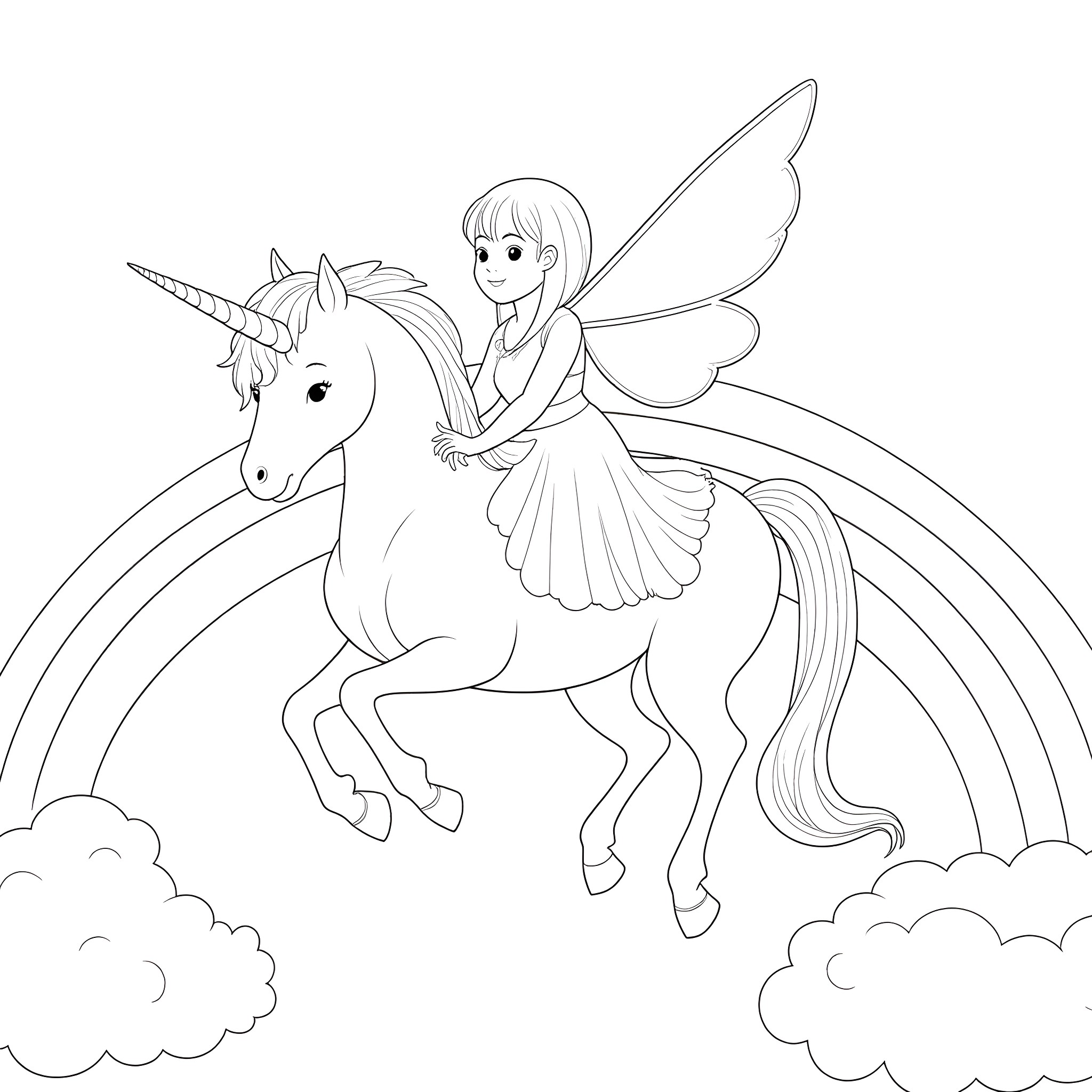 Fairy riding a magical unicorn in the sky Coloring Page (free black-and-white line drawing printable PDF for all, from beginners to advanced learners, including children, teens, adults, and seniors)
