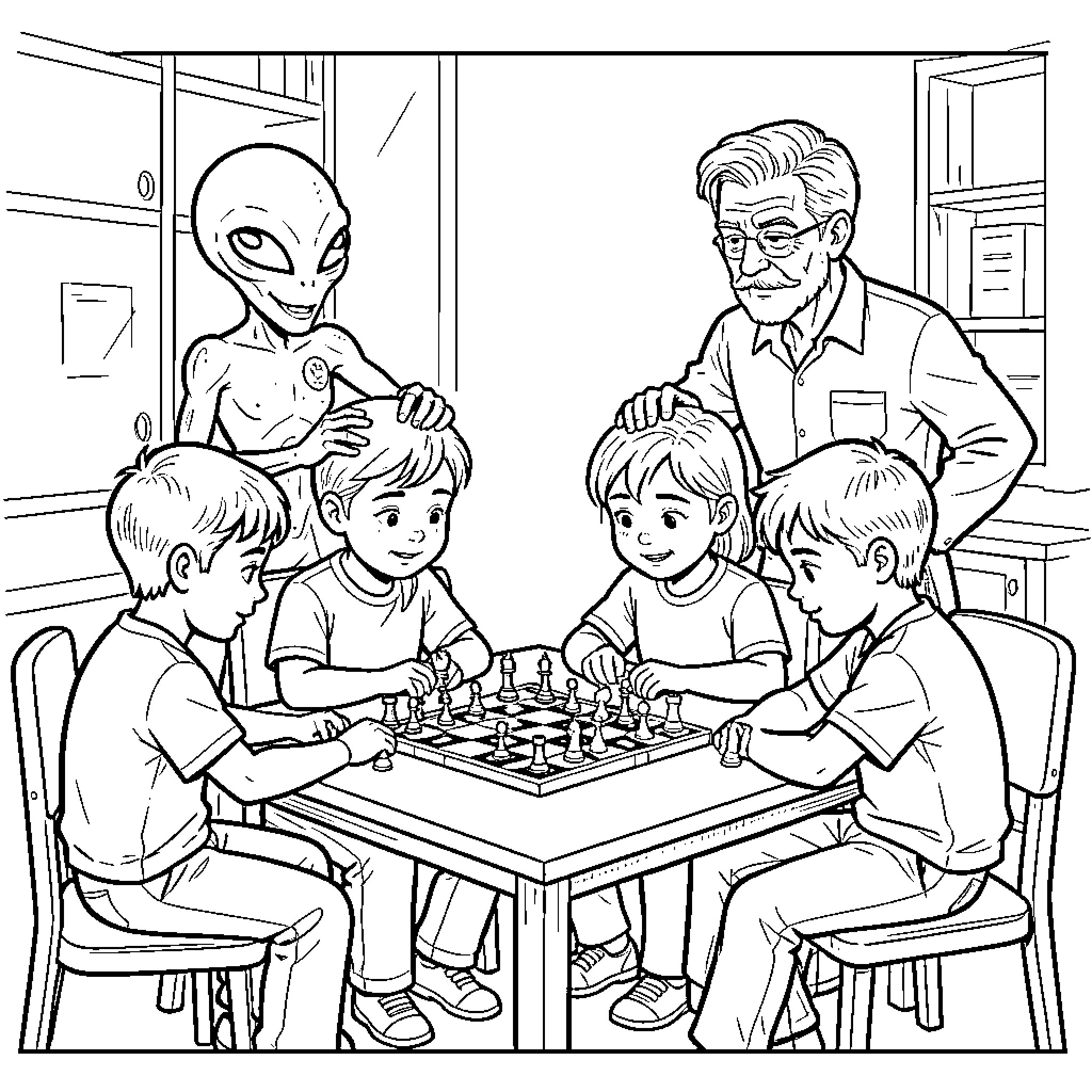 Student playing chess with friends and an alien Coloring Page (free black-and-white line drawing printable PDF for all, from beginners to advanced learners, including children, teens, adults, and seniors)