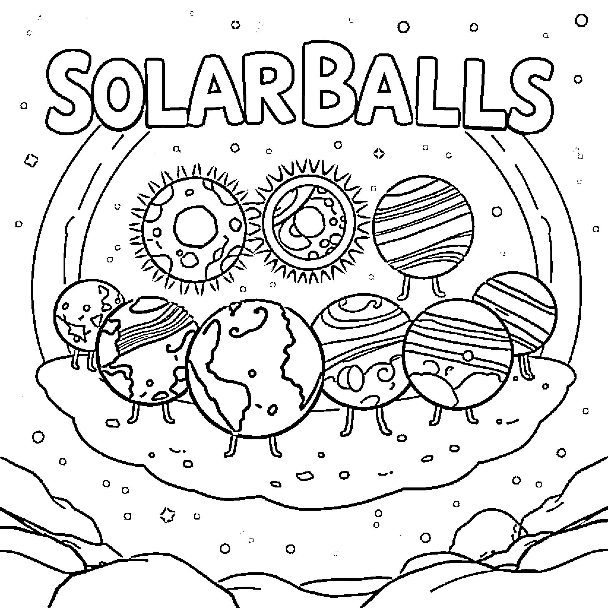 Planet Solar Balls Gathering in Space Coloring Page (free black-and-white line drawing printable PDF for all, from beginners to advanced learners, including children, teens, adults, and seniors)
