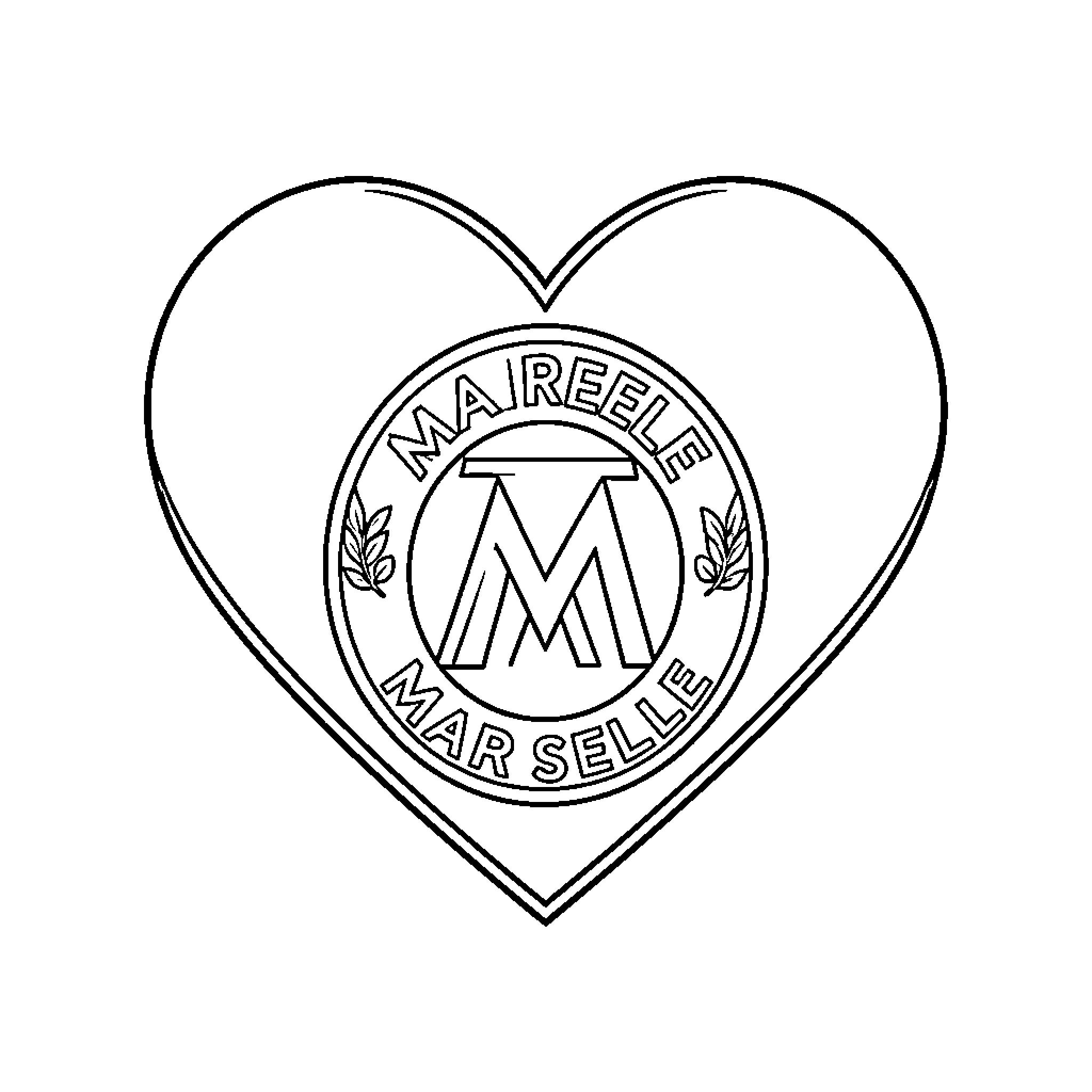 Heart containing a circular emblem with lettering Coloring Page (free black-and-white line drawing printable PDF for all, from beginners to advanced learners, including children, teens, adults, and seniors)