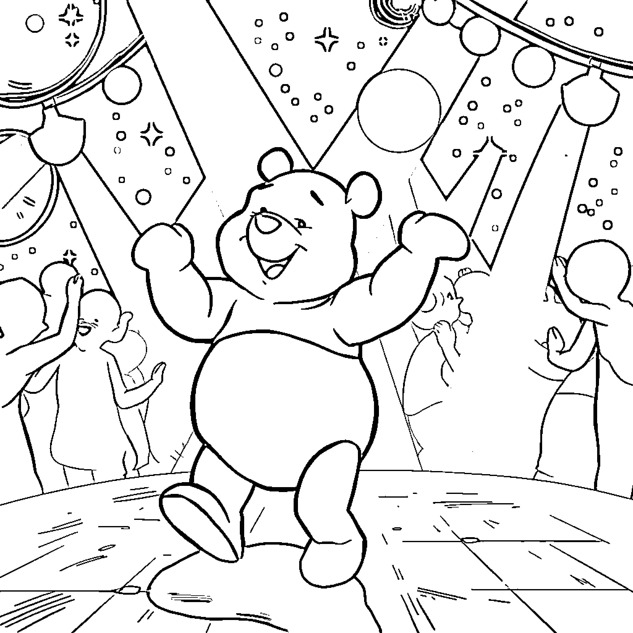 Winnie The Pooh Joyfully Celebrating Coloring Page (free black-and-white line drawing printable PDF for all, from beginners to advanced learners, including children, teens, adults, and seniors)