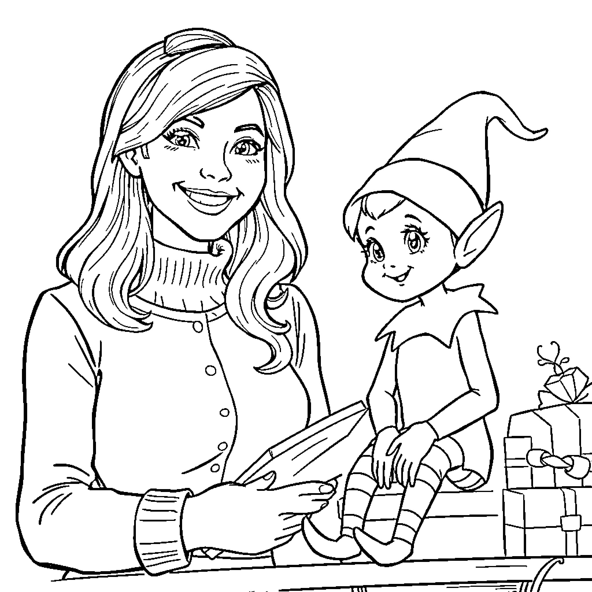 Teacher and Elf Assisting with Holiday Crafts Coloring Page (free black-and-white line drawing printable PDF for all, from beginners to advanced learners, including children, teens, adults, and seniors)