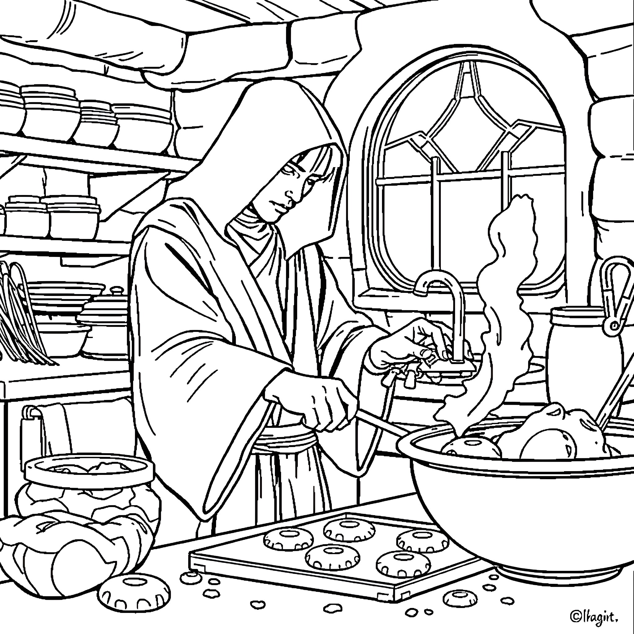 Jedi Preparing Traditional Meals in a Cozy Kitchen Coloring Page (free black-and-white line drawing printable PDF for all, from beginners to advanced learners, including children, teens, adults, and seniors)
