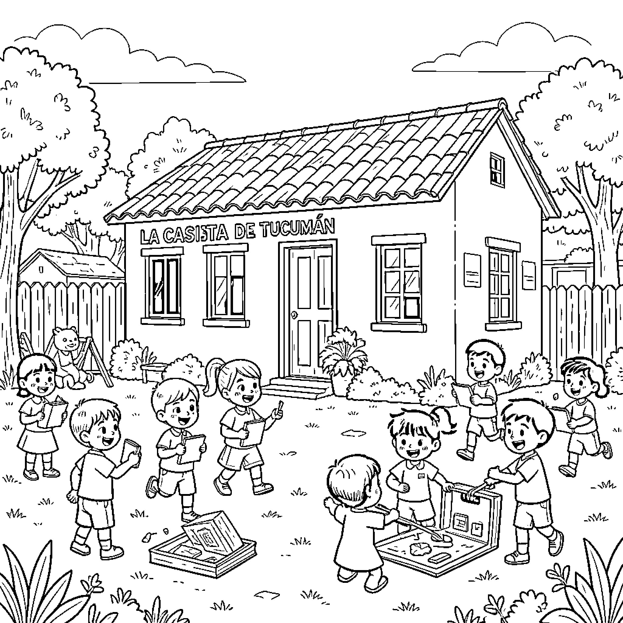 House where children play together in the yard Coloring Page (free black-and-white line drawing printable PDF for all, from beginners to advanced learners, including children, teens, adults, and seniors)