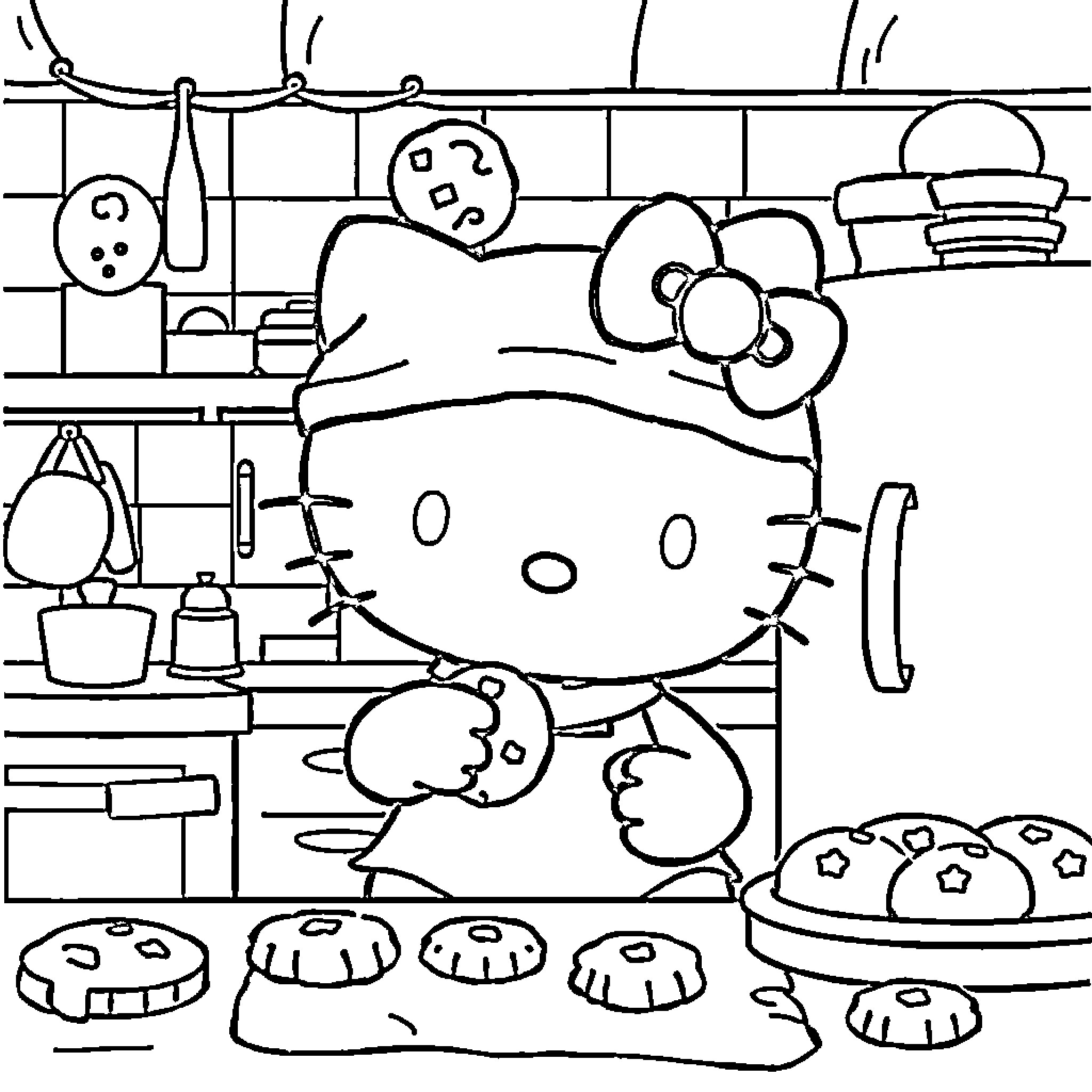 Hello Kitty baking treats in the kitchen Coloring Page (free black-and-white line drawing printable PDF for all, from beginners to advanced learners, including children, teens, adults, and seniors)