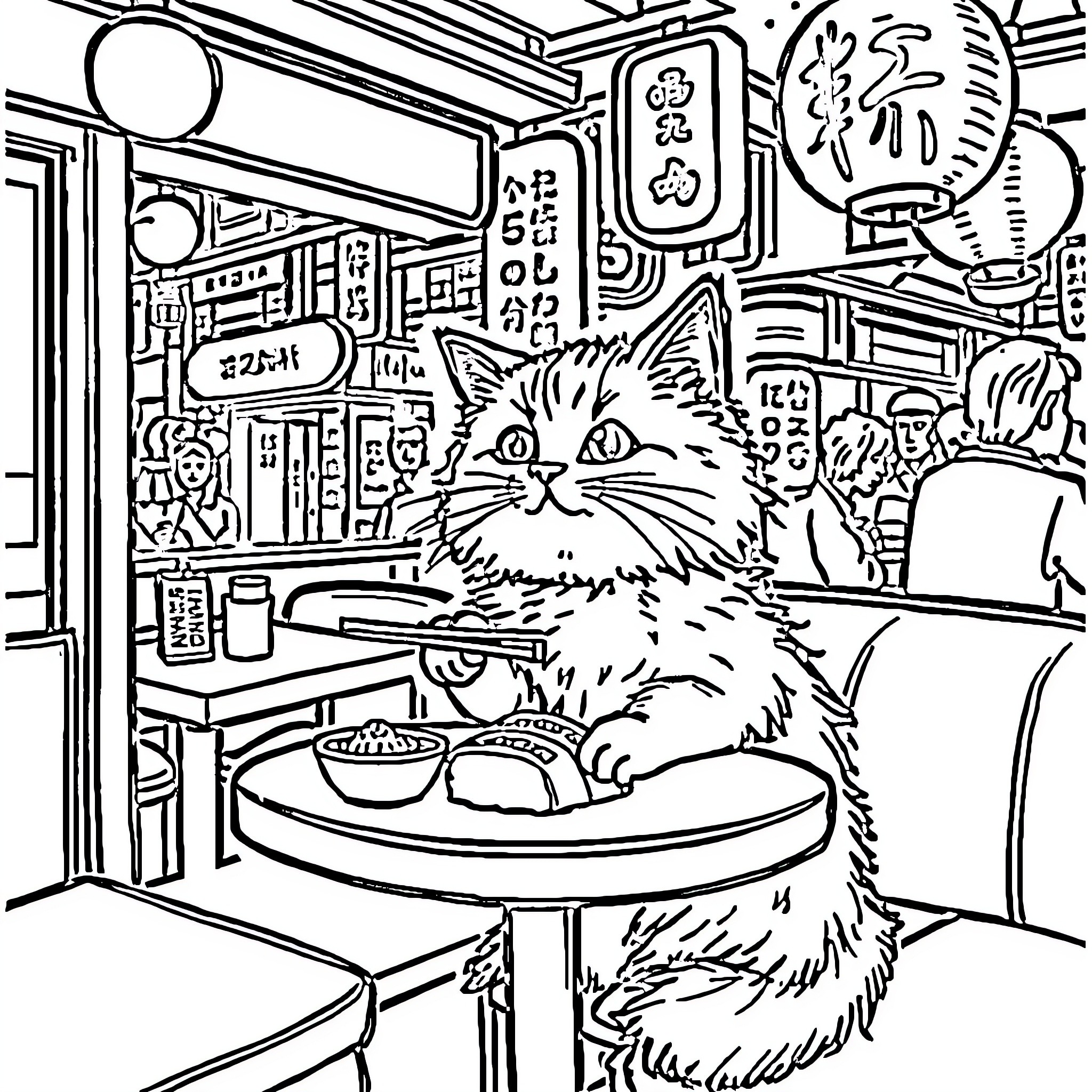 Cat Exploring a Busy Japanese Street Scene Coloring Page (free black-and-white line drawing printable PDF for all, from beginners to advanced learners, including children, teens, adults, and seniors)