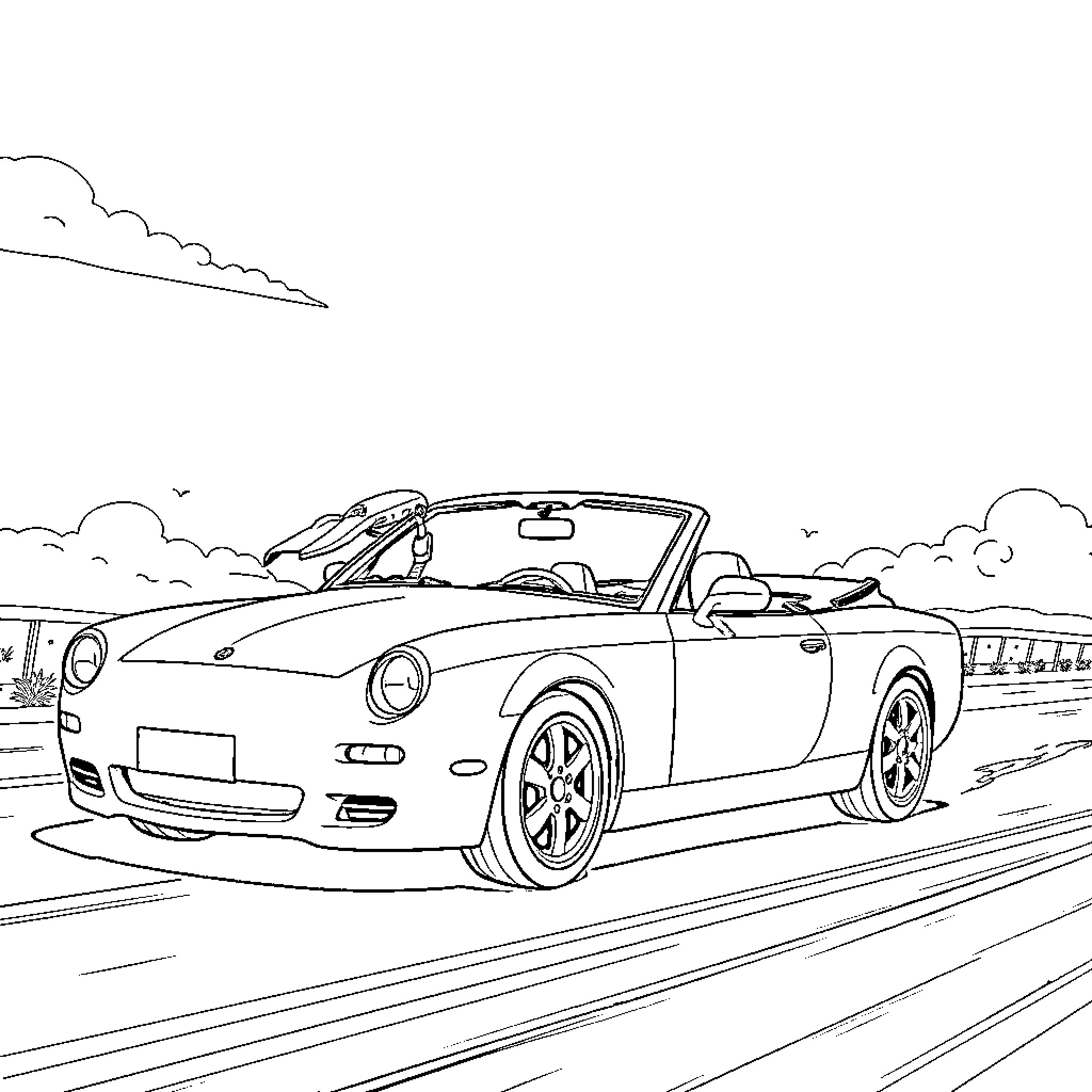 Girl driving convertible car on country road Coloring Page (free black-and-white line drawing printable PDF for all, from beginners to advanced learners, including children, teens, adults, and seniors)