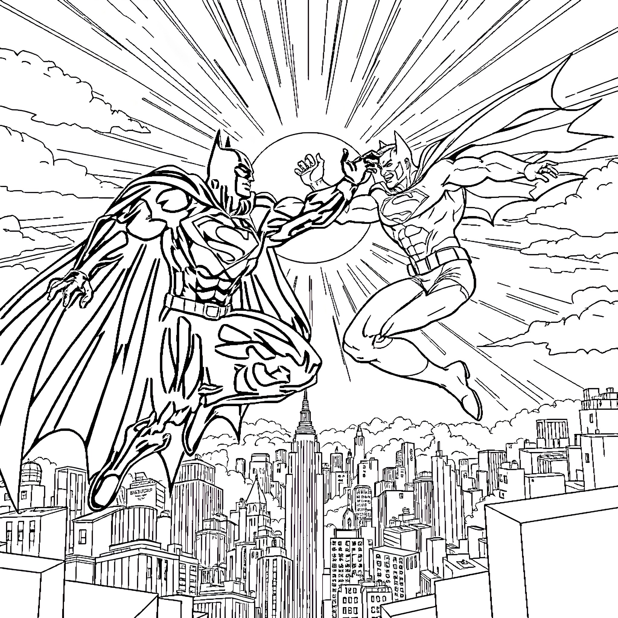 Superman battling a formidable foe over a sprawling city Coloring Page (free black-and-white line drawing printable PDF for all, from beginners to advanced learners, including children, teens, adults, and seniors)