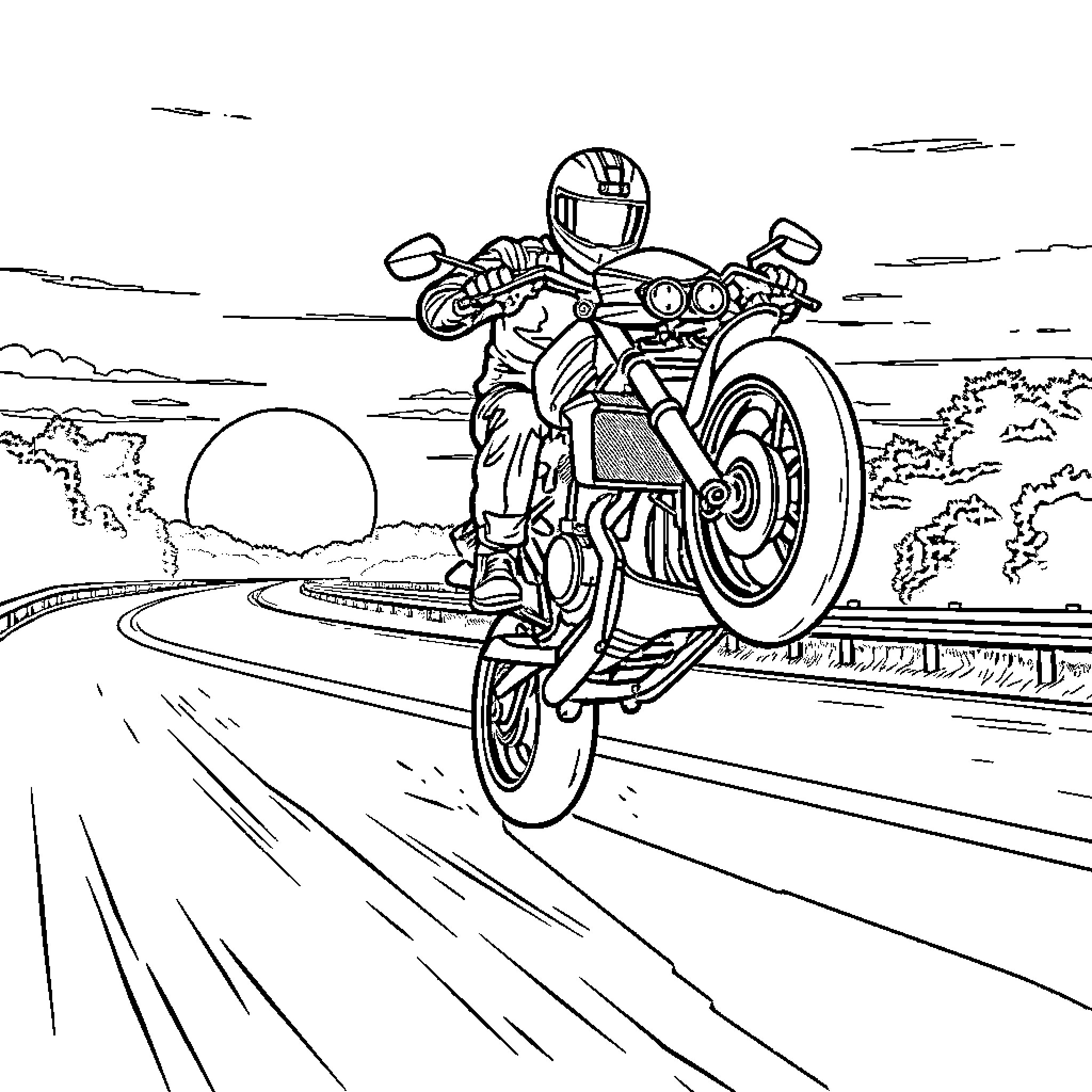 Motorcyclist riding on winding road through scenic landscape Coloring Page (free black-and-white line drawing printable PDF for all, from beginners to advanced learners, including children, teens, adults, and seniors)