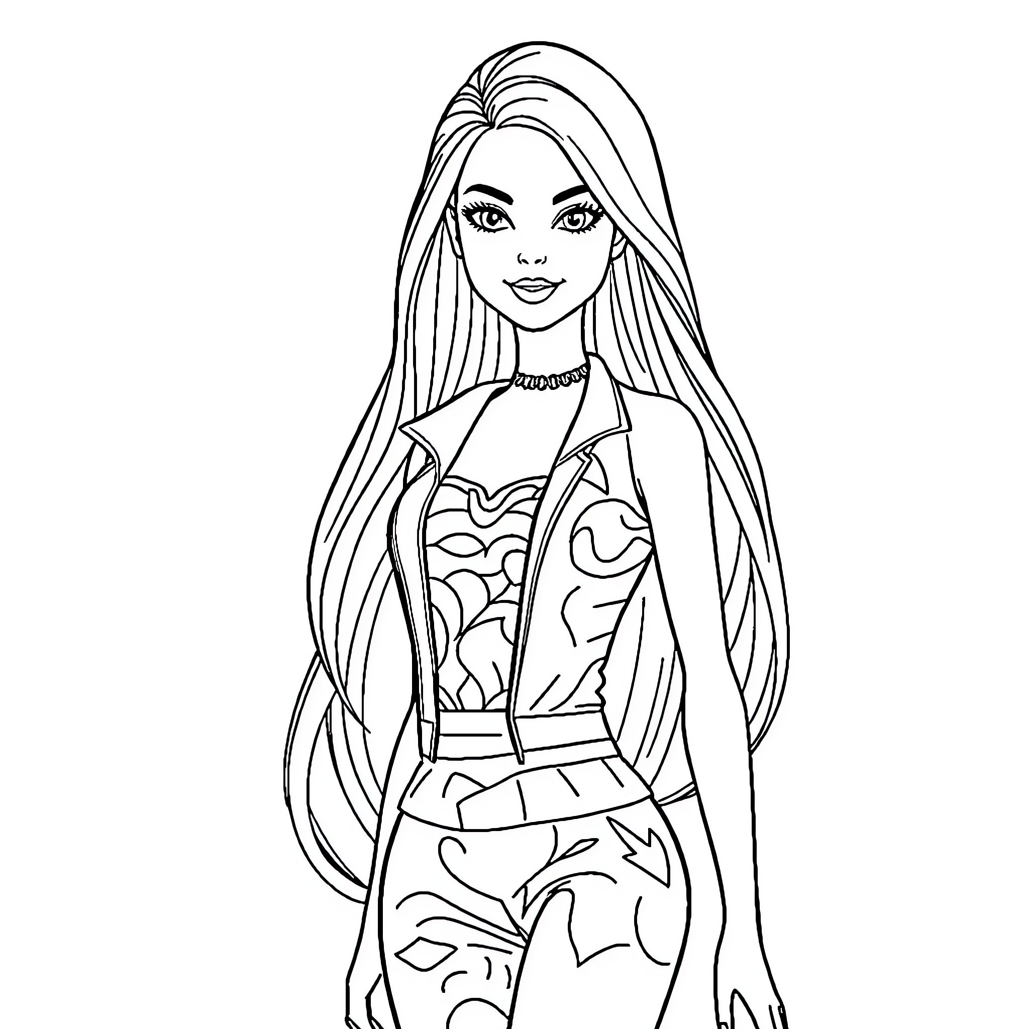 Barbie posing confidently in stylish outfit Coloring Page (free black-and-white line drawing printable PDF for all, from beginners to advanced learners, including children, teens, adults, and seniors)