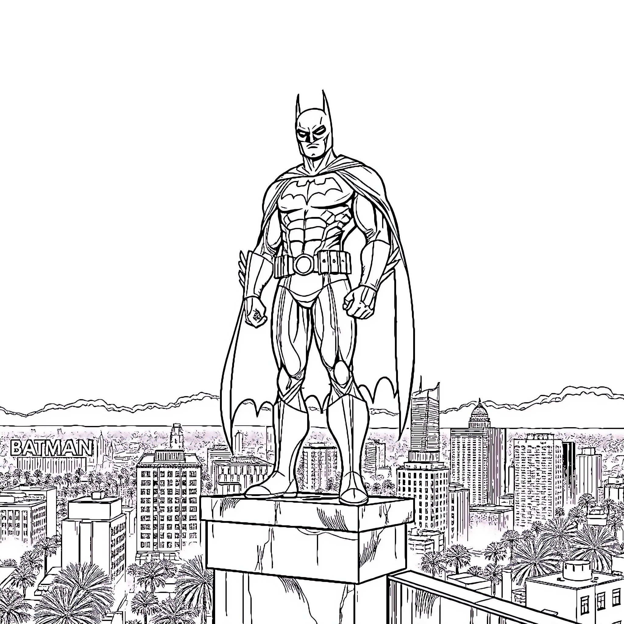 Batman standing tall over Gotham City Coloring Page (free black-and-white line drawing printable PDF for all, from beginners to advanced learners, including children, teens, adults, and seniors)