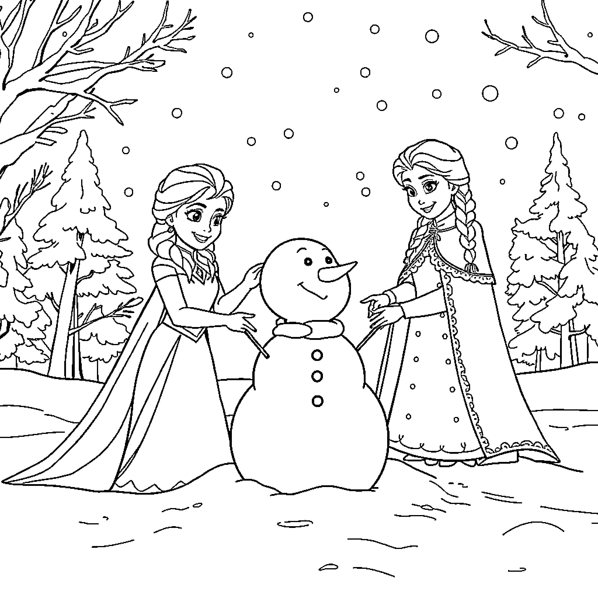 Elsa and Anna build a snowman in the winter wonderland Coloring Page (free black-and-white line drawing printable PDF for all, from beginners to advanced learners, including children, teens, adults, and seniors)