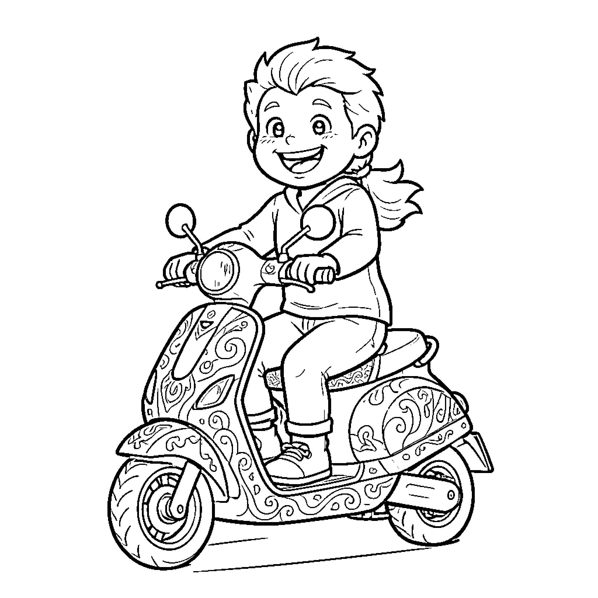 Tauró riding a patterned scooter with joy Coloring Page (free black-and-white line drawing printable PDF for all, from beginners to advanced learners, including children, teens, adults, and seniors)
