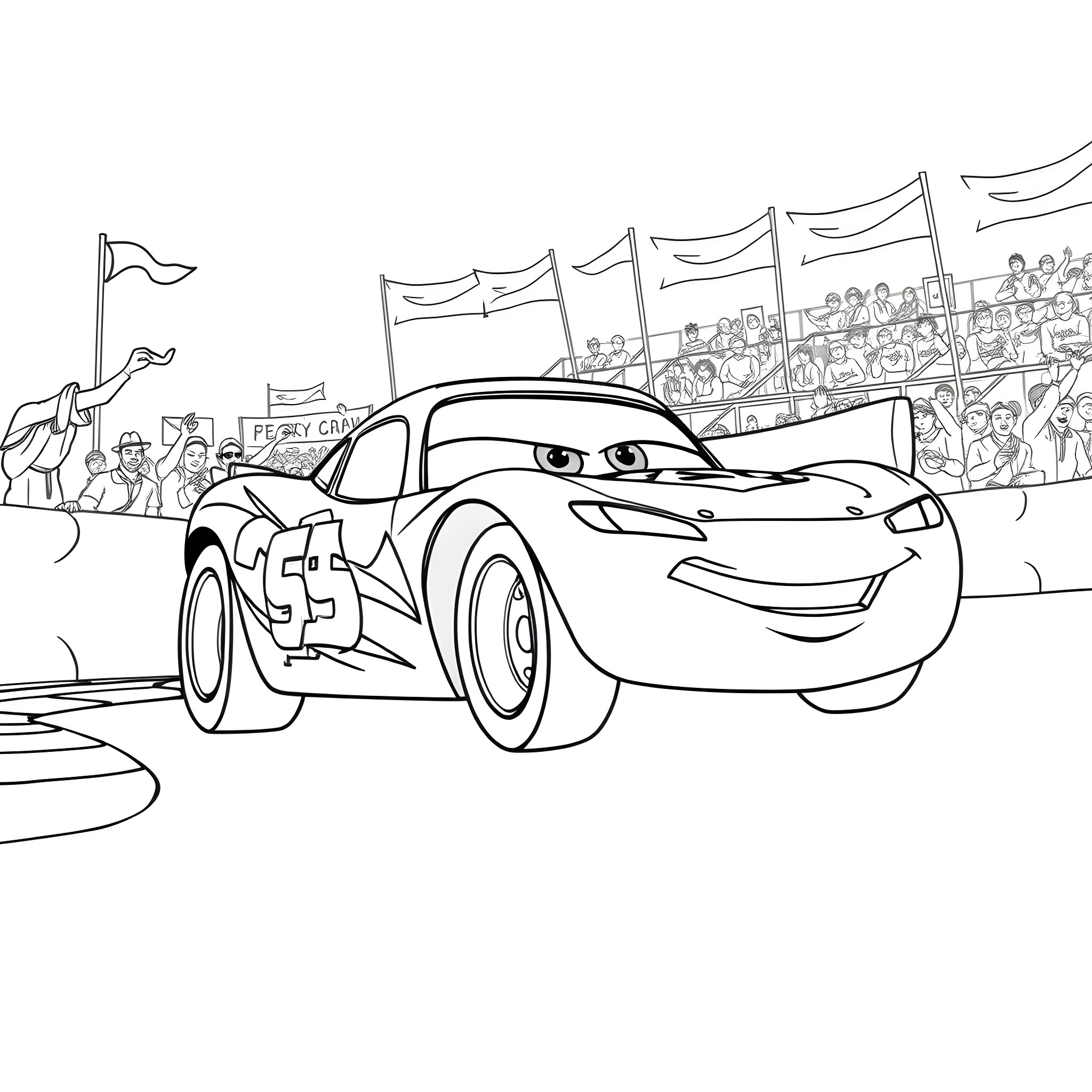 Lightning McQueen races with a crowd cheering Coloring Page (free black-and-white line drawing printable PDF for all, from beginners to advanced learners, including children, teens, adults, and seniors)