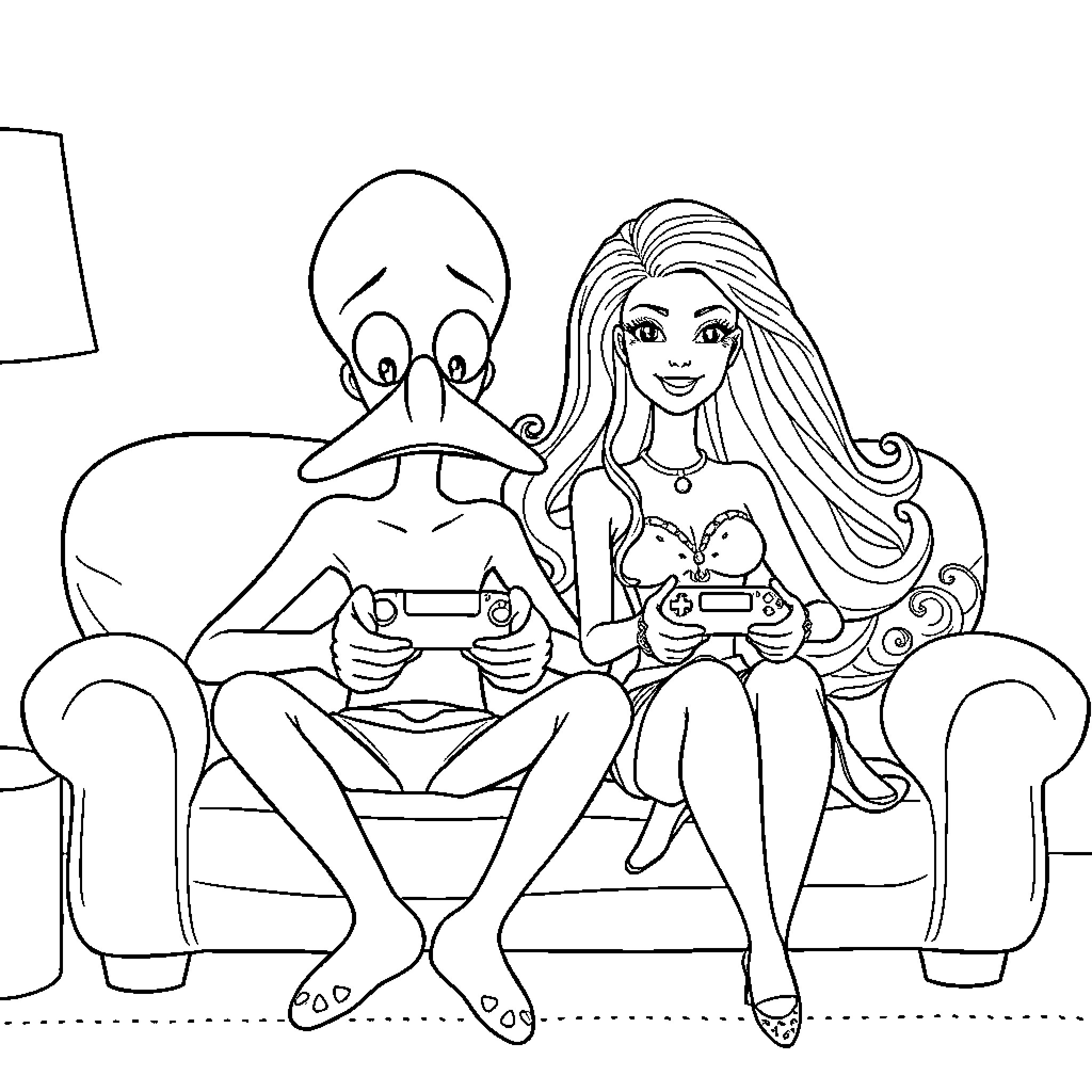 Squidward relaxing with a friend on the couch Coloring Page (free black-and-white line drawing printable PDF for all, from beginners to advanced learners, including children, teens, adults, and seniors)