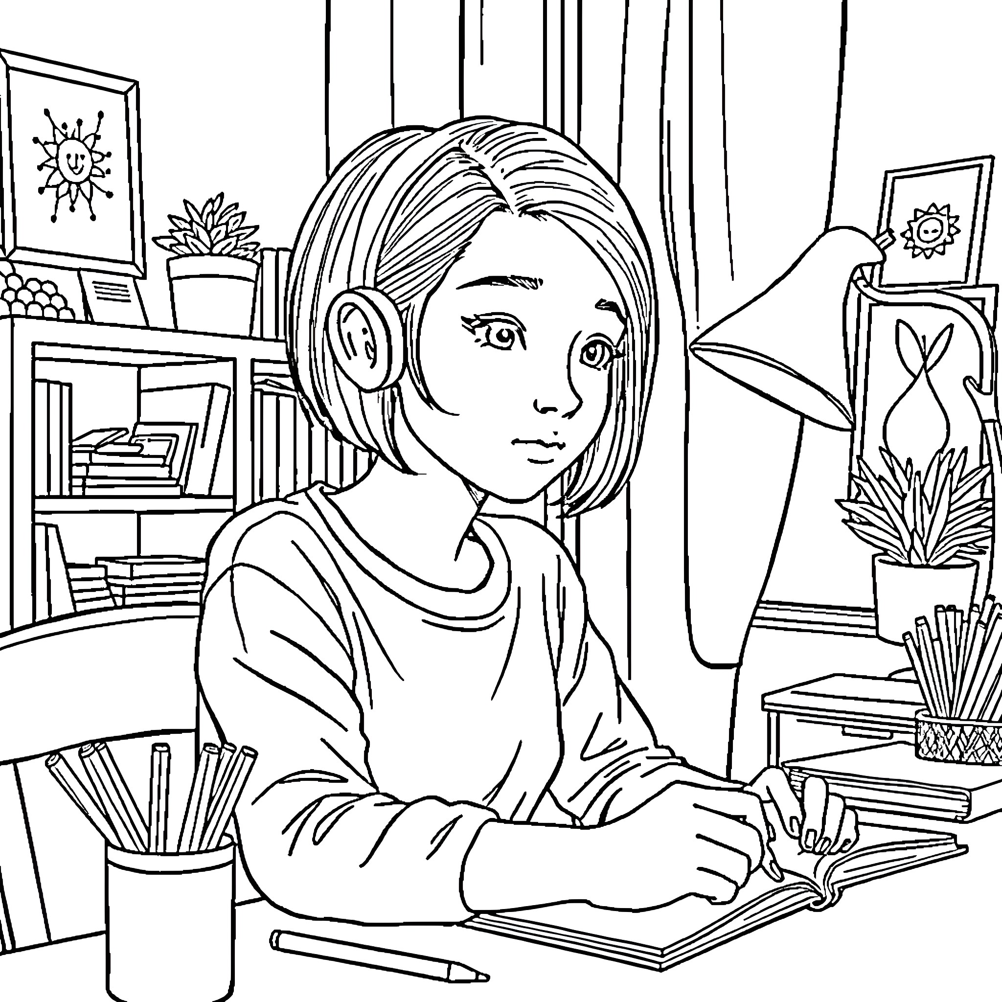 Girl studying diligently in her cozy study Coloring Page (free black-and-white line drawing printable PDF for all, from beginners to advanced learners, including children, teens, adults, and seniors)