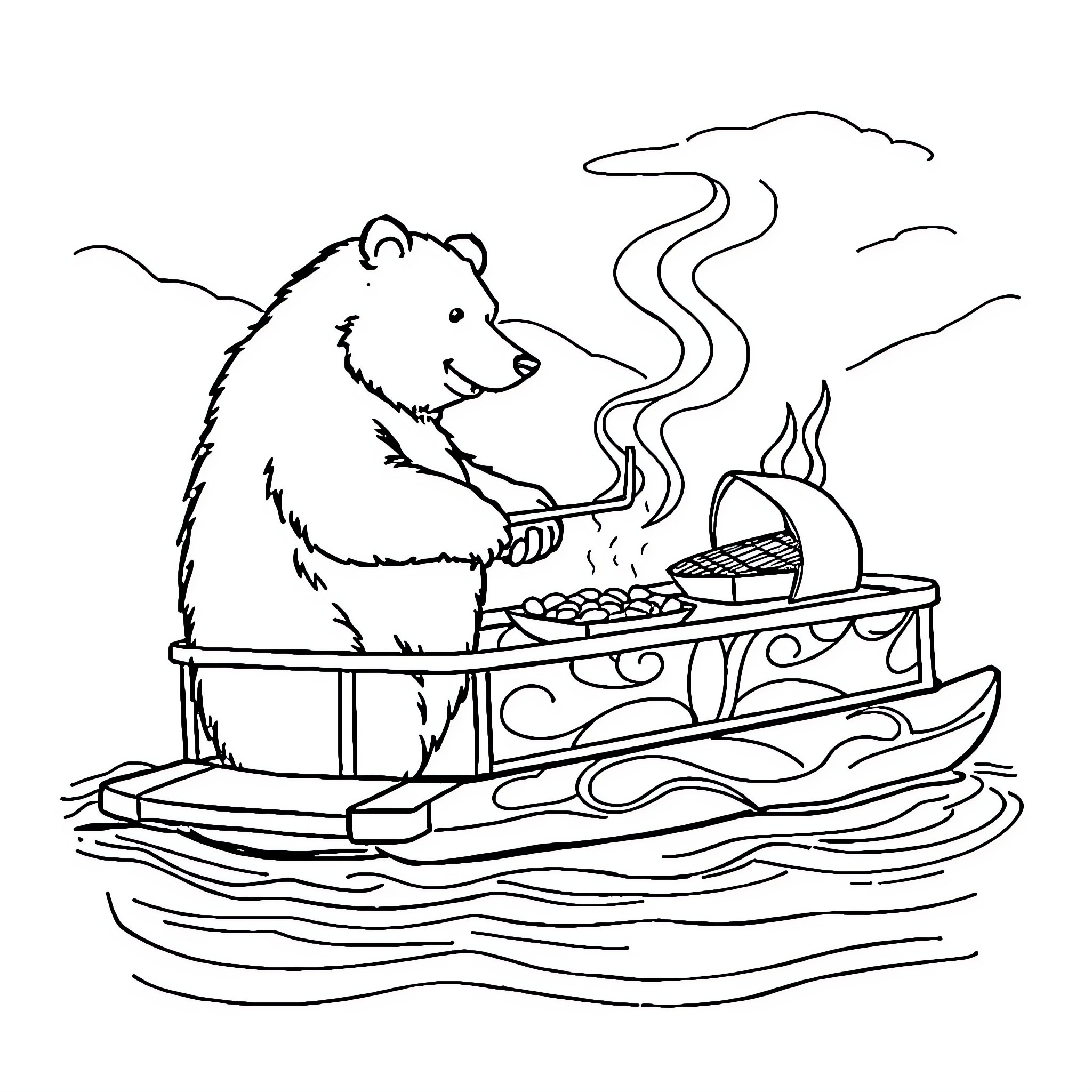 Bear cooking food on a boat Coloring Page (free black-and-white line drawing printable PDF for all, from beginners to advanced learners, including children, teens, adults, and seniors)