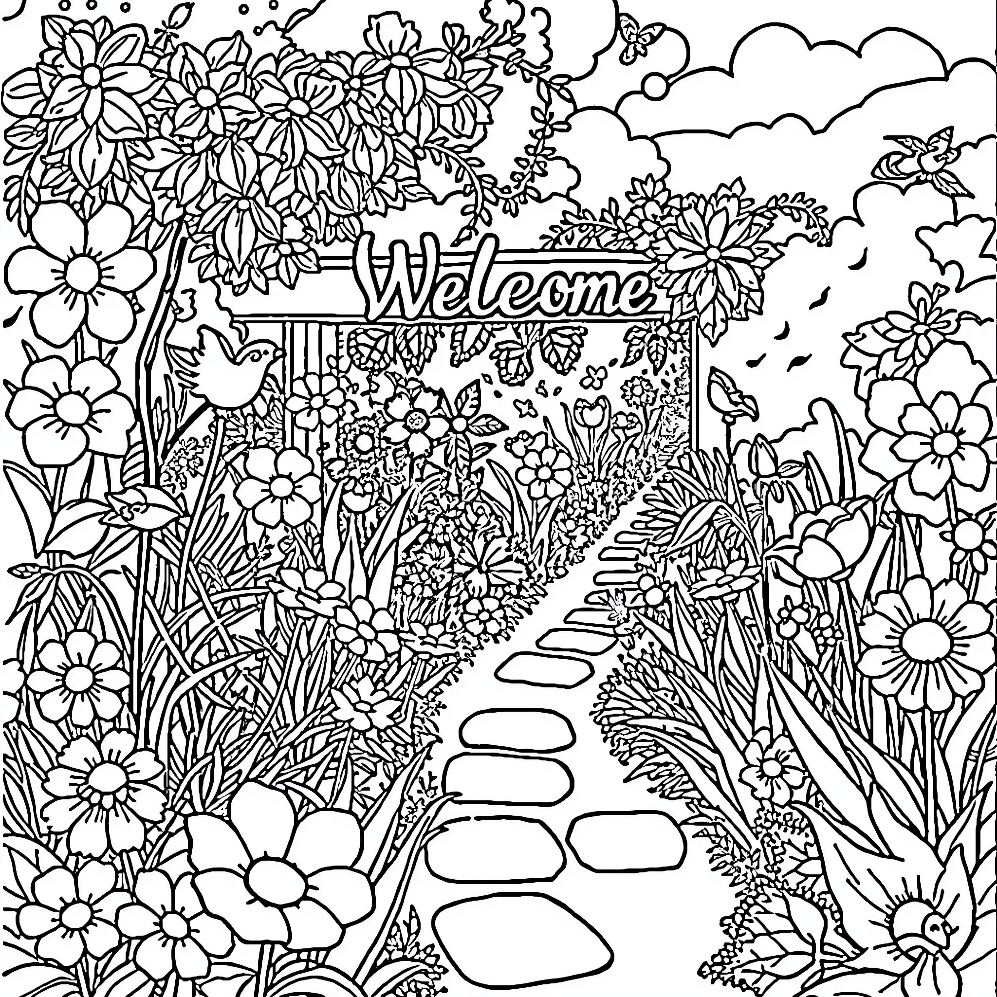 Garden with Flowers and Welcome Sign Coloring Page (free black-and-white line drawing printable PDF for all, from beginners to advanced learners, including children, teens, adults, and seniors)