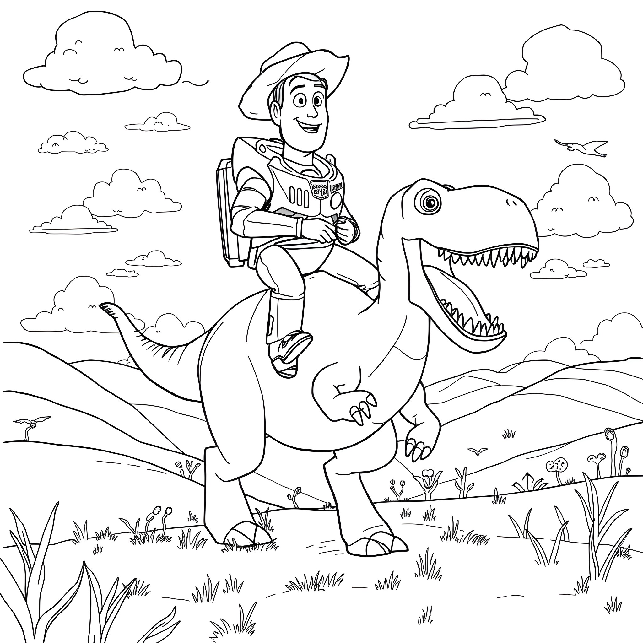 Buzz and Woody riding a friendly dinosaur in the wilderness Coloring Page (free black-and-white line drawing printable PDF for all, from beginners to advanced learners, including children, teens, adults, and seniors)