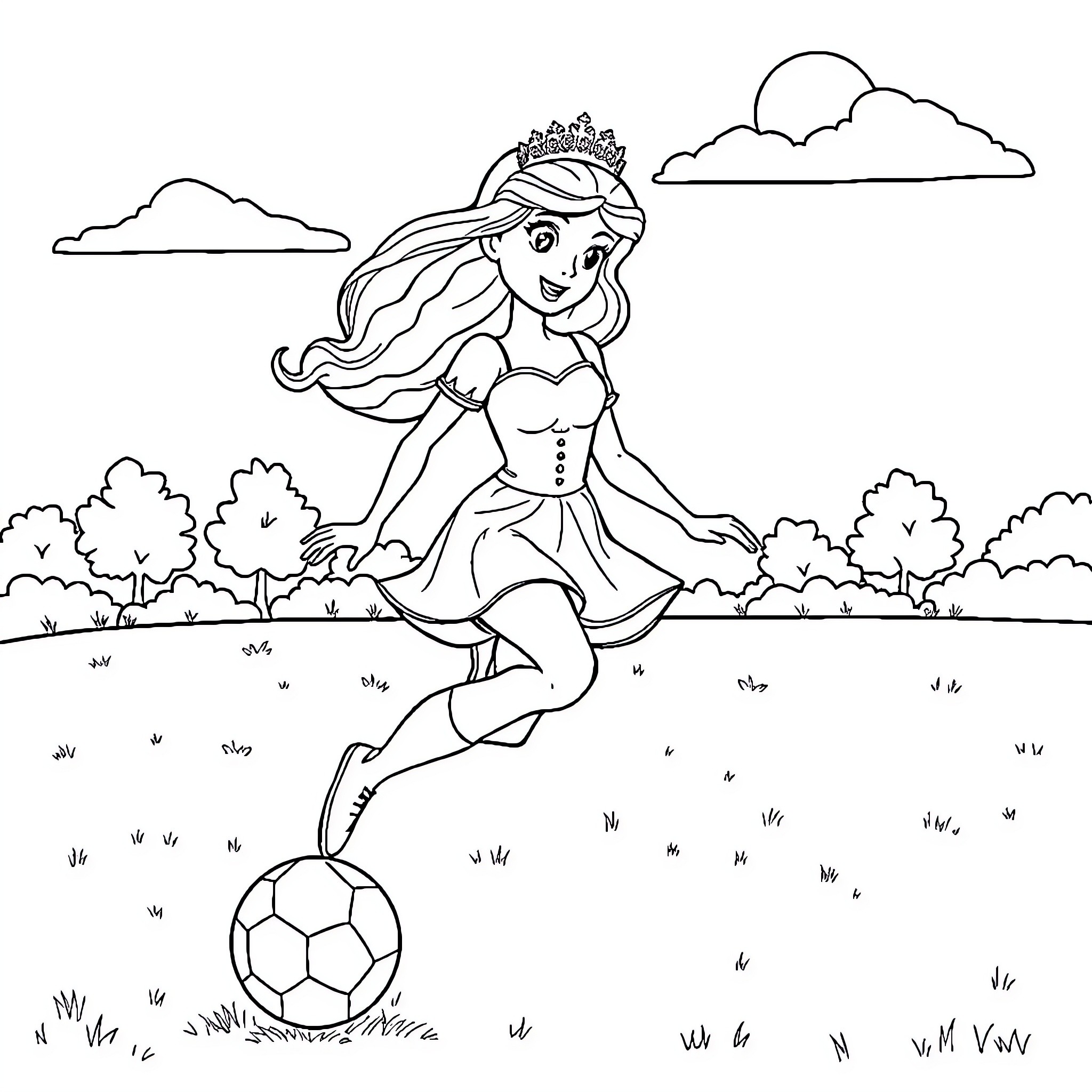 Princess playing with soccer ball in the park Coloring Page (free black-and-white line drawing printable PDF for all, from beginners to advanced learners, including children, teens, adults, and seniors)